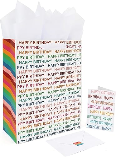 Juego de bolsa de regalo de cumpleaños blanca grande de 13 pulgadas con diseño de texto arcoíris, tarjeta de felicitación y papel de seda para