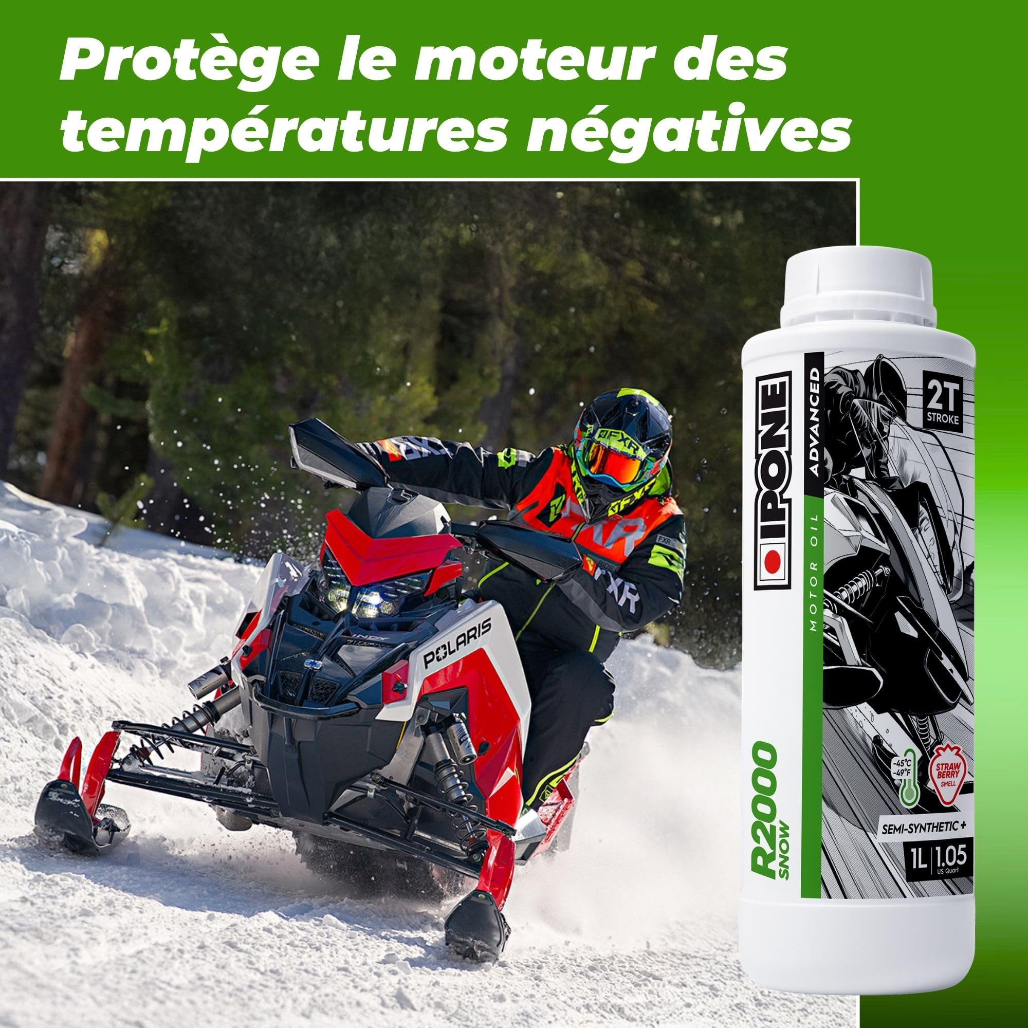 IPONE – Aceite de Motor para Moto de Nieve 2 Tiempos R2000 Snow – Aroma Fresa - Bidón dosificador 4 Litro - Semisintético+ - Limpieza garantizada del motor - Protección óptima a temperaturas extremada