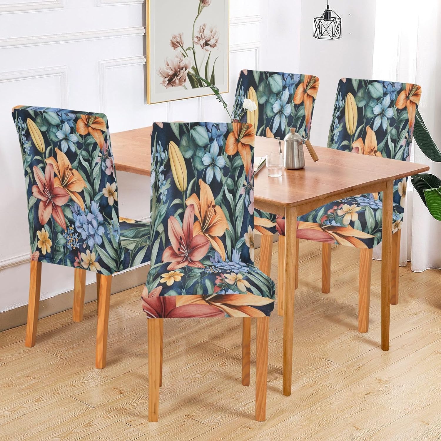 ALAZA Chair Covers for Dining Room, Watercolor Floral Lily Wildflowers Stretch Chair Cover Sets Chair Protector Removable Washable for Ktichen Restaurant Hotel