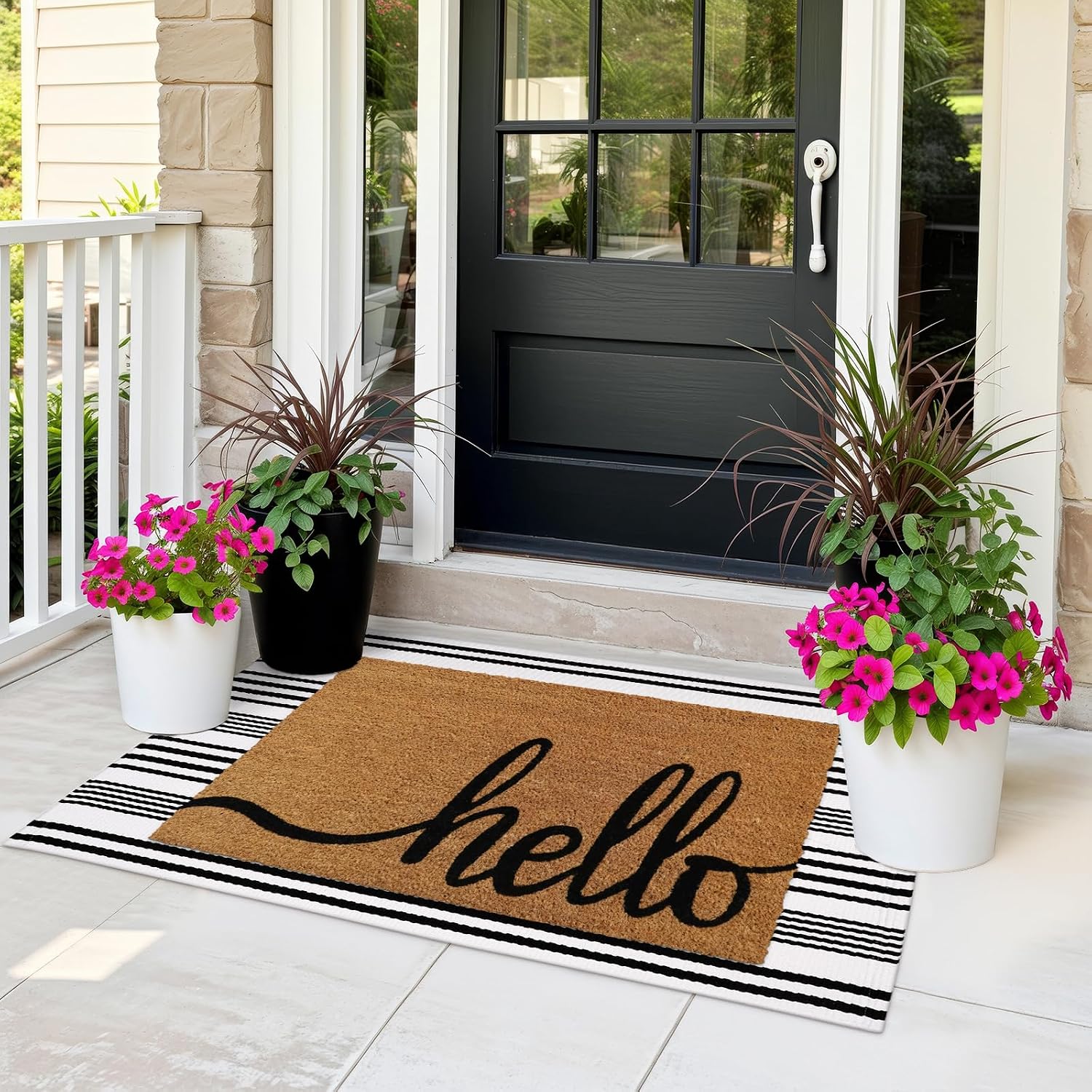 Black and White Striped Rug 2.3'x3.6', Reversible Outdoor Front Door Rug Hand Woven Washable Welcome Mat, Layered Doormat for Entryway Porch Decor Home Entrance