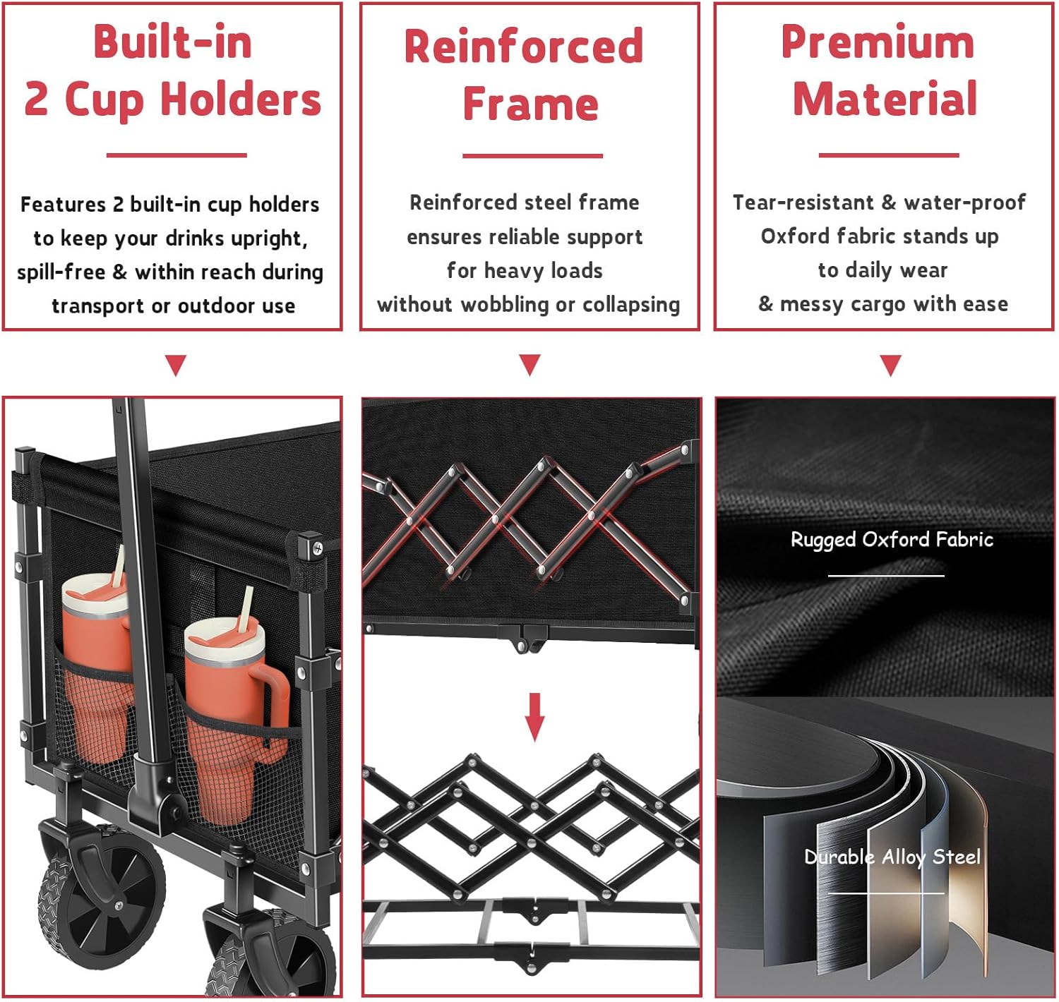 Wagons Carts Foldable - Collapsible Wagon Cart - Foldable Wagon Cart with Wheels - Folding Wagon Cart - Lightweight Portable Folding Utility for Beach Camping Sports Garden, 330 LBS Capacity/Black