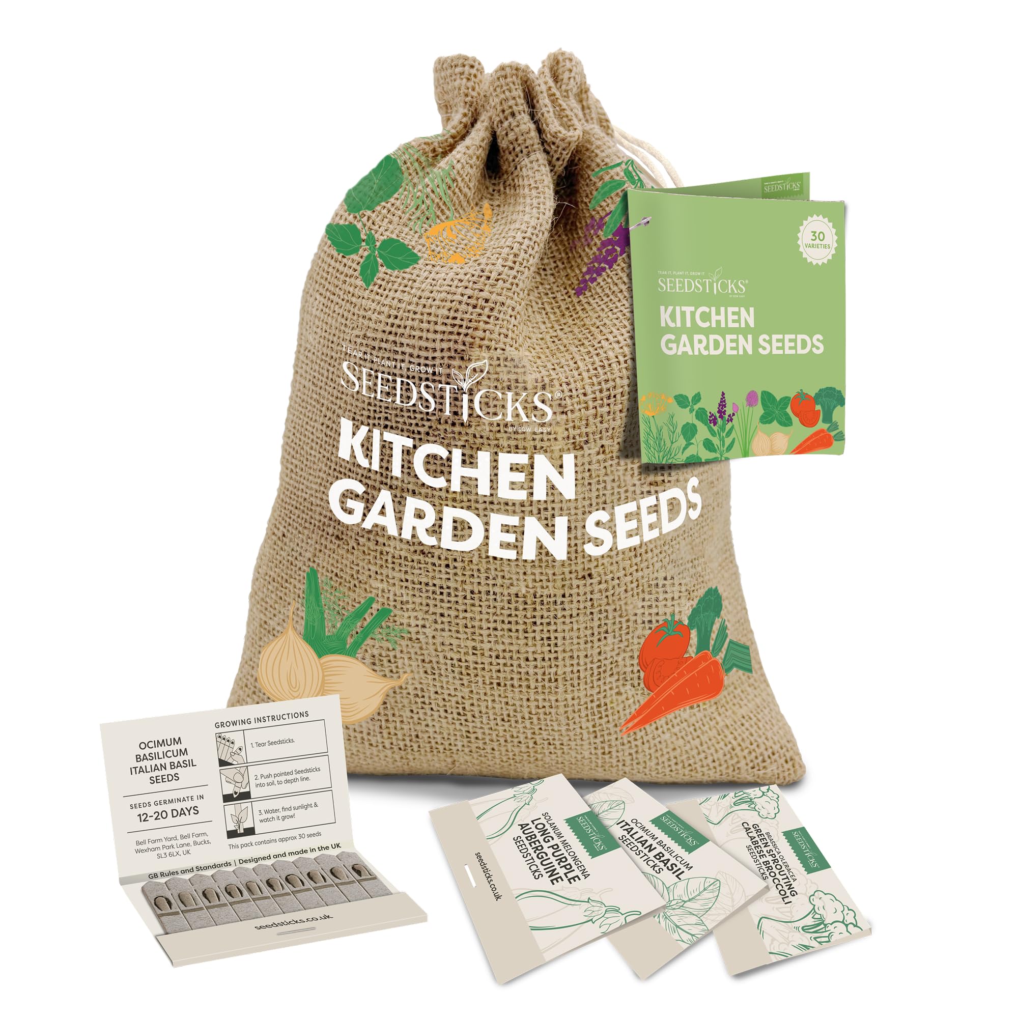 Seedsticks Kitchen Garden Seeds Starter Kit - 30 Variety Vegetable & Herb Seed Collection - Grow Your Own Veg & Herbs - Gardening Gift Sack