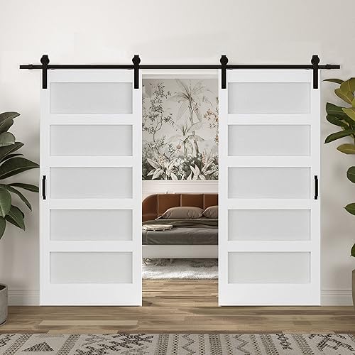 BARNER HOME Puerta corrediza de granero de 72 pulgadas doble 36 pulgadas x 84 pulgadas MDF imprimado 5 paneles de vidrio necesidad de montar 2