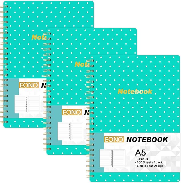 Amazon Brand - Eono Wirebound Notebook, A5 Notebooks, 3 Packs, 200 Pages/Pack, Lined, Green