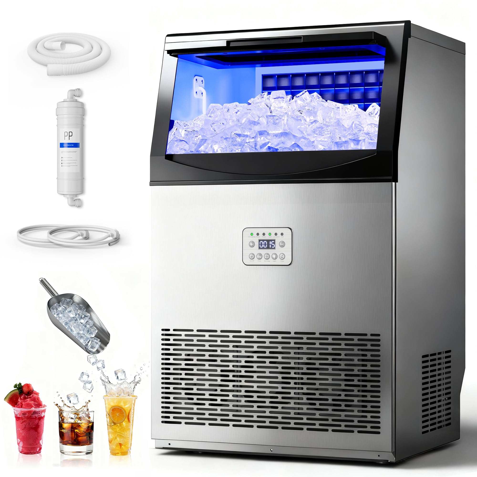 Manastin Commercial Ice Maker, 120LBS/24H, 33LBS Storage, with Water Filter