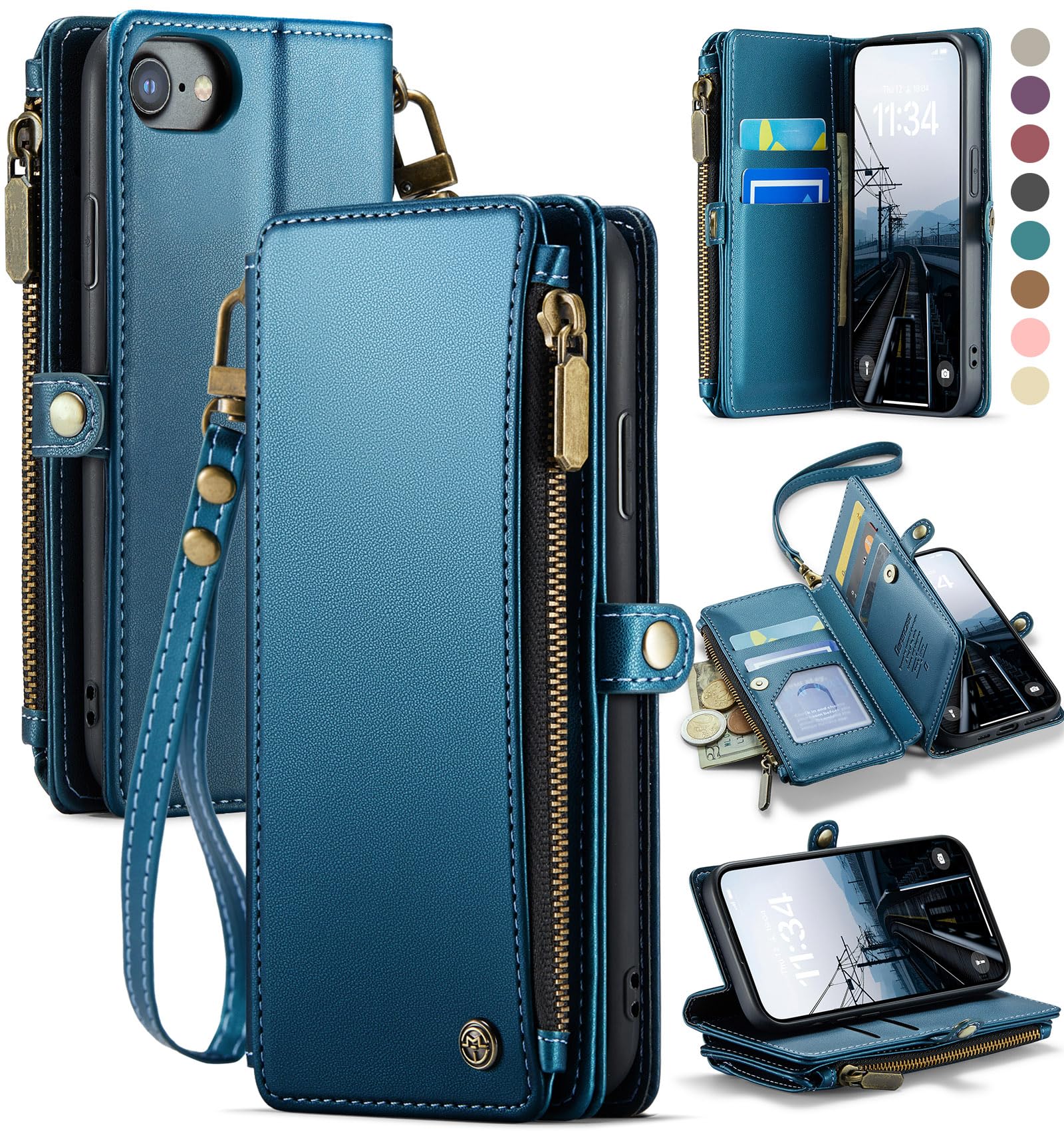 Defencase Compatible with iPhone SE 2020 2022 Case Wallet with RFID Blocking Card Holder for Women Men, PU Leather Magnetic Snap Flip Zipper Strap