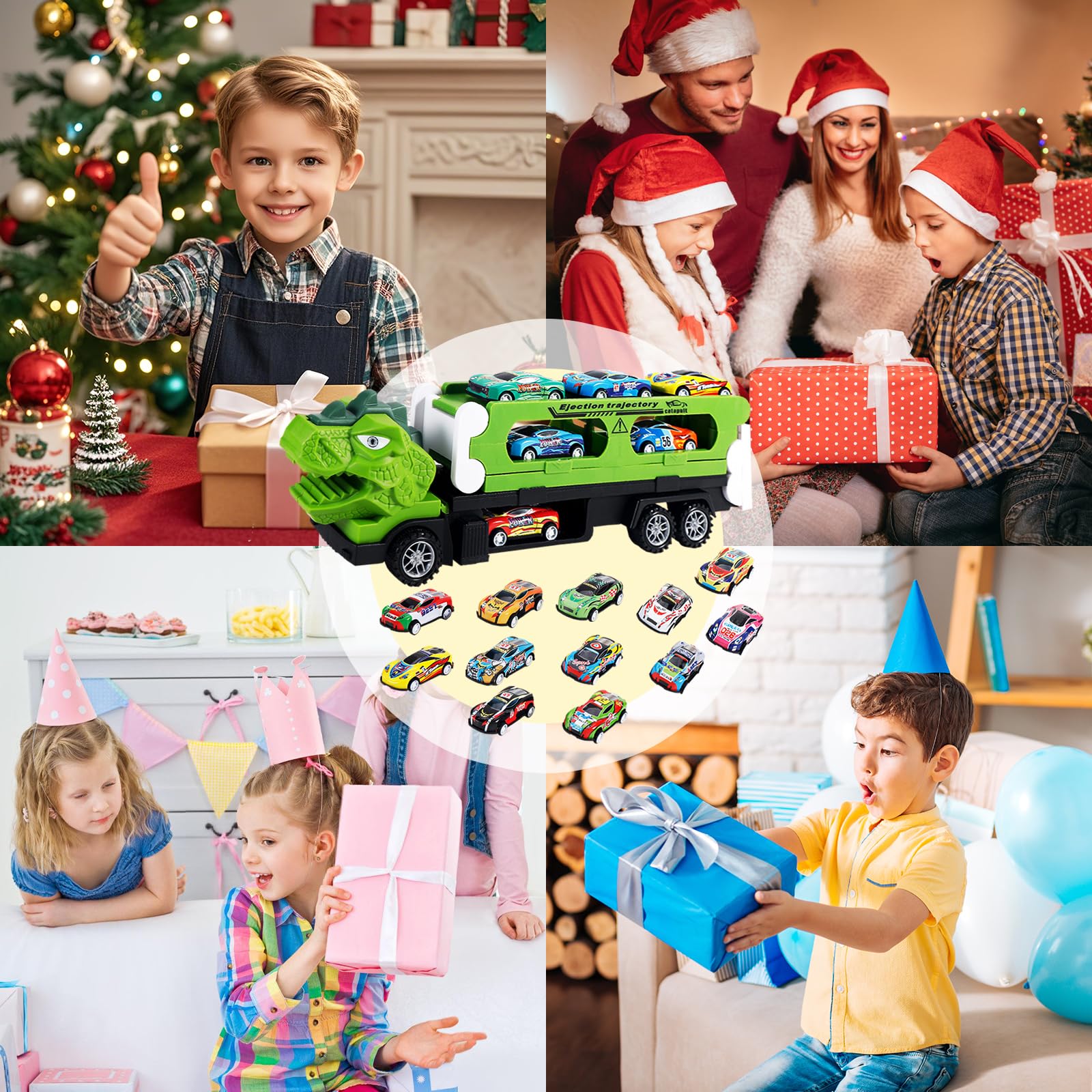 Kit de transport dinosaure 2 en 1 avec 12 voitures jouets en métal, circuit de course portable pour enfants, camion de transport et circuit de course, cadeau pour garçons de 3 à 8 ans