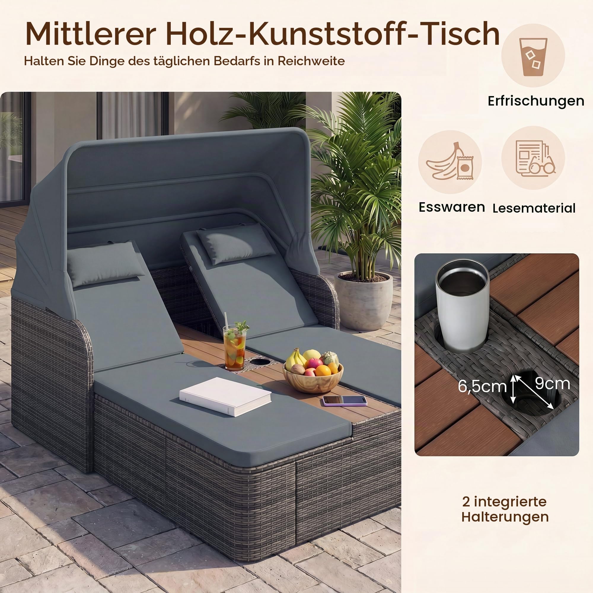 LIFEZEAL Sonnenliege 2 Personen, Gartenliege mit Verstellbarer Rückenlehne & Sonnendach, Doppelliege aus Rattan mit Kissen & Kopfstützen, Gartenbett mit Tisch & Getränkehaltern für Garten (Grau)
