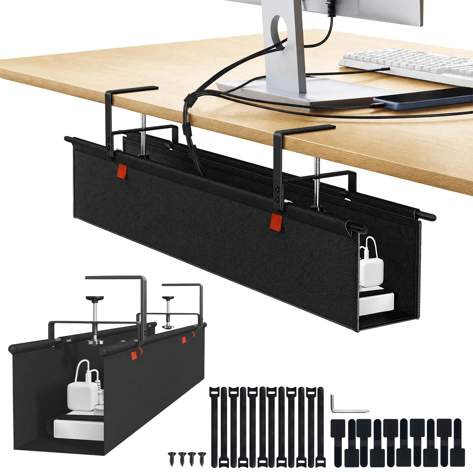 shinfly Under Desk Cable Management No Drill, 27.6 Inch Cable Tray, Black