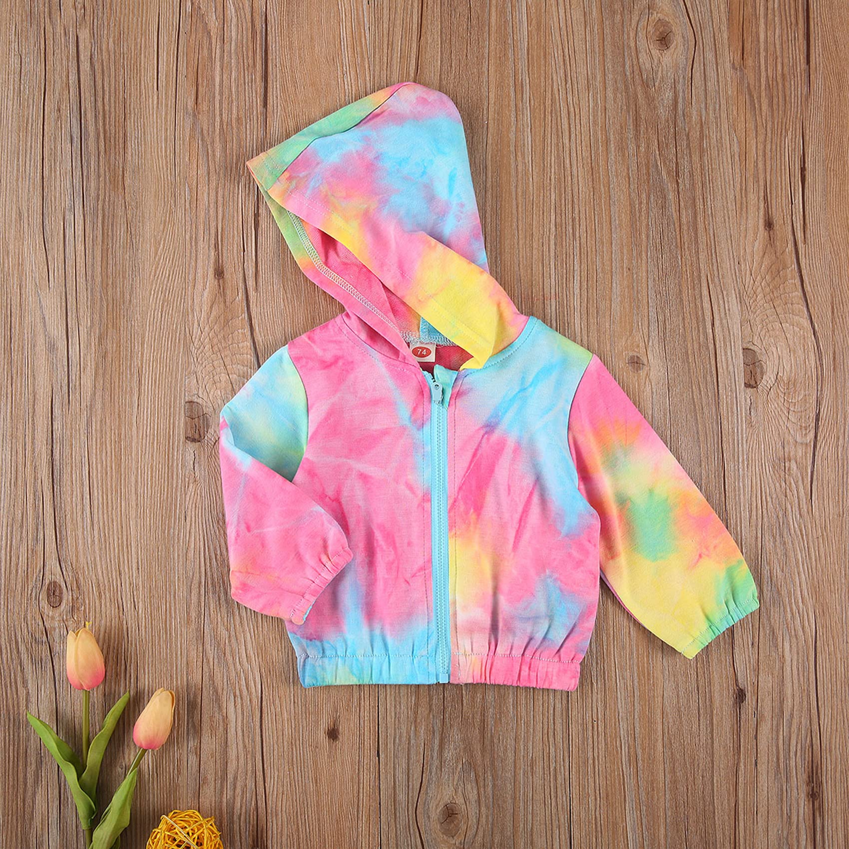 Newborn Baby Boys Girls Zip Up Hooded Coat Rainbow Print Long Sleeve Windbreaker Outerwear Tie Dye Shirt Jacket (K-Pink, 9-12 Months)