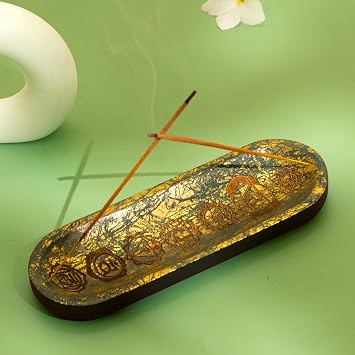 Hand Carved Incense Holder-Incense Burner/Ash Catcher/Handmade Wooden Insence Tray Modern Gift Home/Room/Seven Chakra Blue Gold Kitchen Decor Size 11x4x1.5 Inches