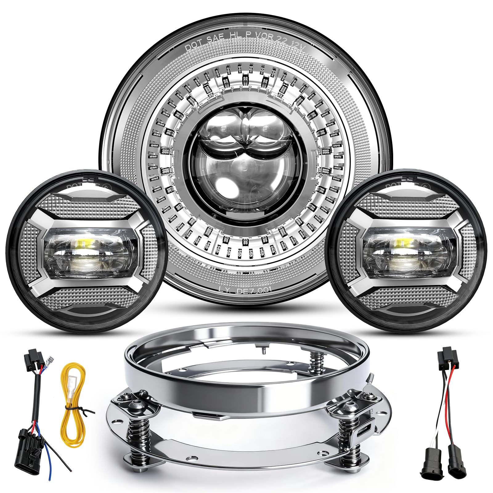M MIBAHE 1000% Brighter 7 inch LED Headlight with 4.5 Inch Fog Lights Motorcycle Kit DOT Approved Compatible with Road King Road Glide Street Glide Fat boy Heritage Softail Tri Electra Glide, Chrome