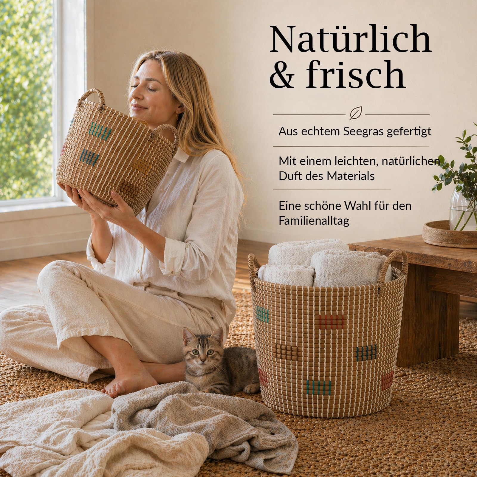 3er Set Aufbewahrungskorb Seegraskorb mit Griffen, Wäschekorb Geflochtener Korb, Handgeflochtener Spielzeugkorb aus Vietnam, 45L/29L/20L für Wohnzimmer Schlafzimmer Küche Bad Kinderzimmer
