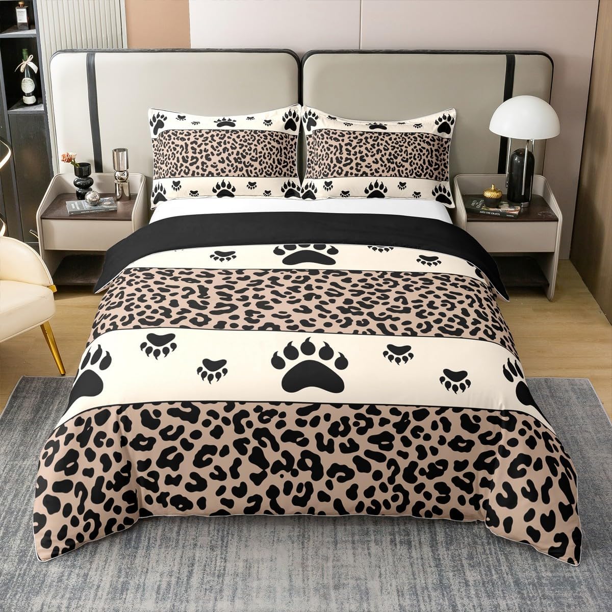 Manfei Leopard Fur Print Cotton Duvet Cover Set(No Comforter),Wild Bear Black Animal Paws Bedding Set,Black Beige Cheetah Fur Stripes Patchwork Quilt Cover Set,Ultra Soft Queen Size