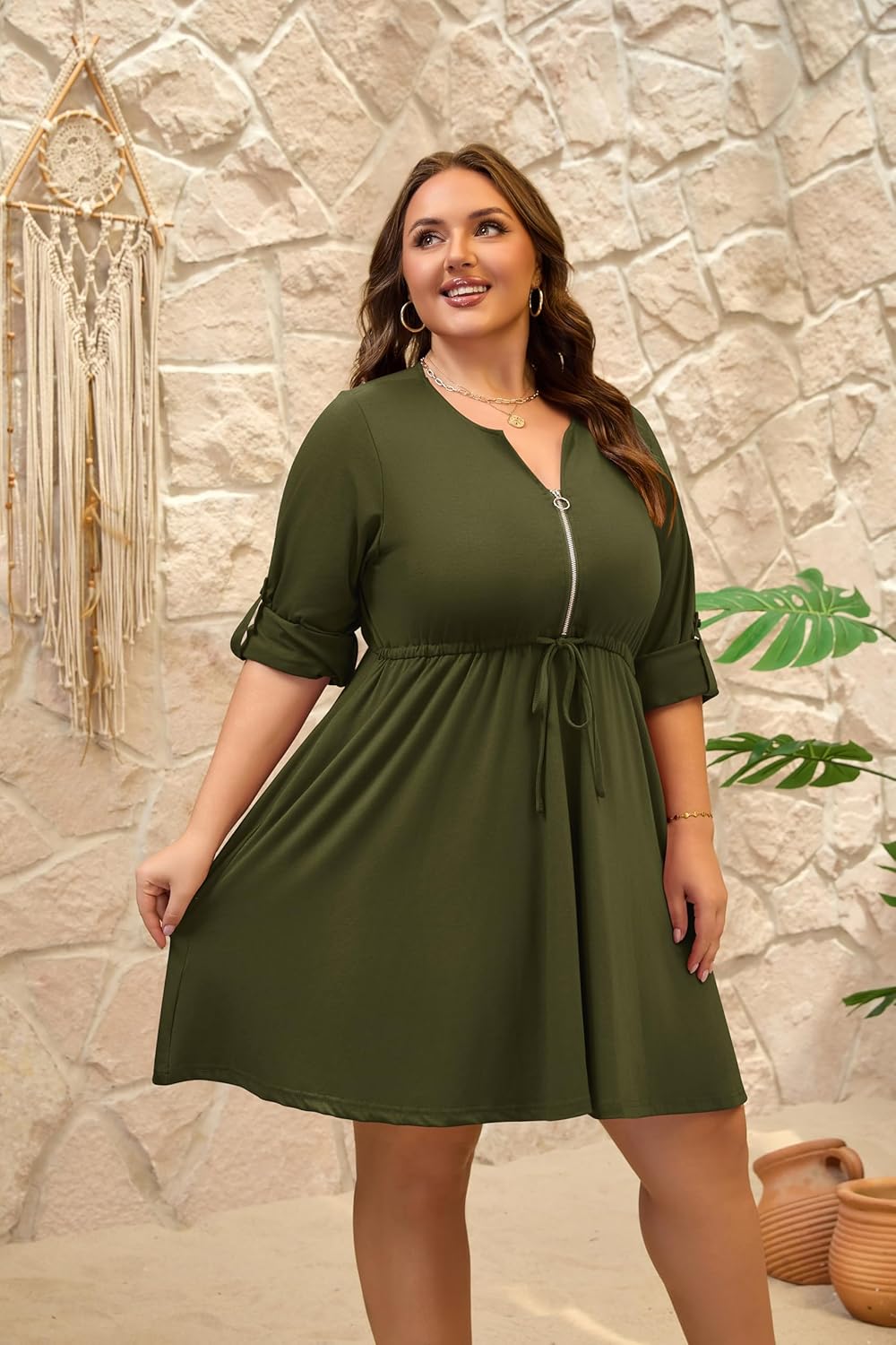 Womens Plus Size Dress Casual Roll up 3/4 Sleeves Zipper V Neck Tie Waist Flowy Loose Dresses with 2 Pockets - Image 6