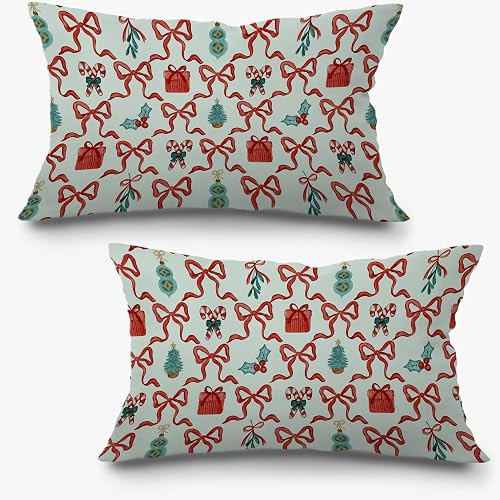 Exqcom Coquette Red Christmas Bow Pillow Covers 18x18 Set of 2, Red and Green Ch