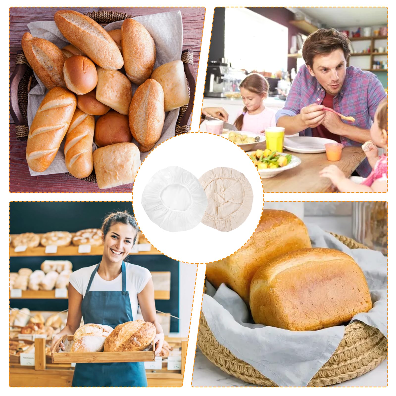 4 + 2 Pezzi 25 Cm Cestino Lievitazione Pane & 28 Cm Coperchio per Lievitazione del Pane, Inserto in Lino per Cestini di Lievitaziones per Di Cucina, Cottura in Casa