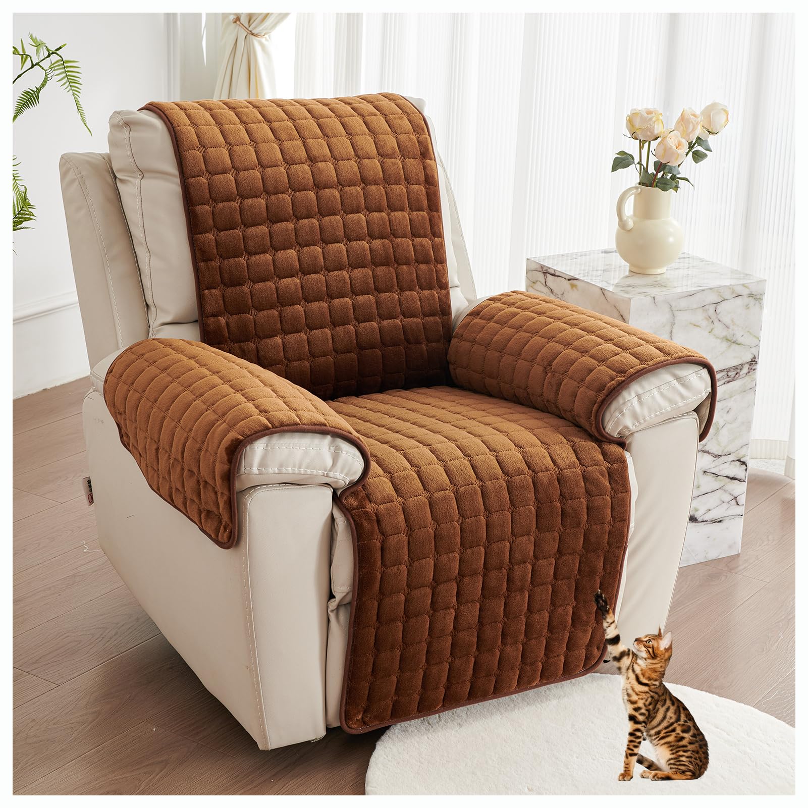 Copripoltrona Relax Reclinabile Universale,Elasticizzato Copripoltrona 1 posto con Tasche,Protezione Anti-Macchie e Antigraffio, Lavabile Copripoltrona (B-Coffee,3 Seat(116 * 190CM))