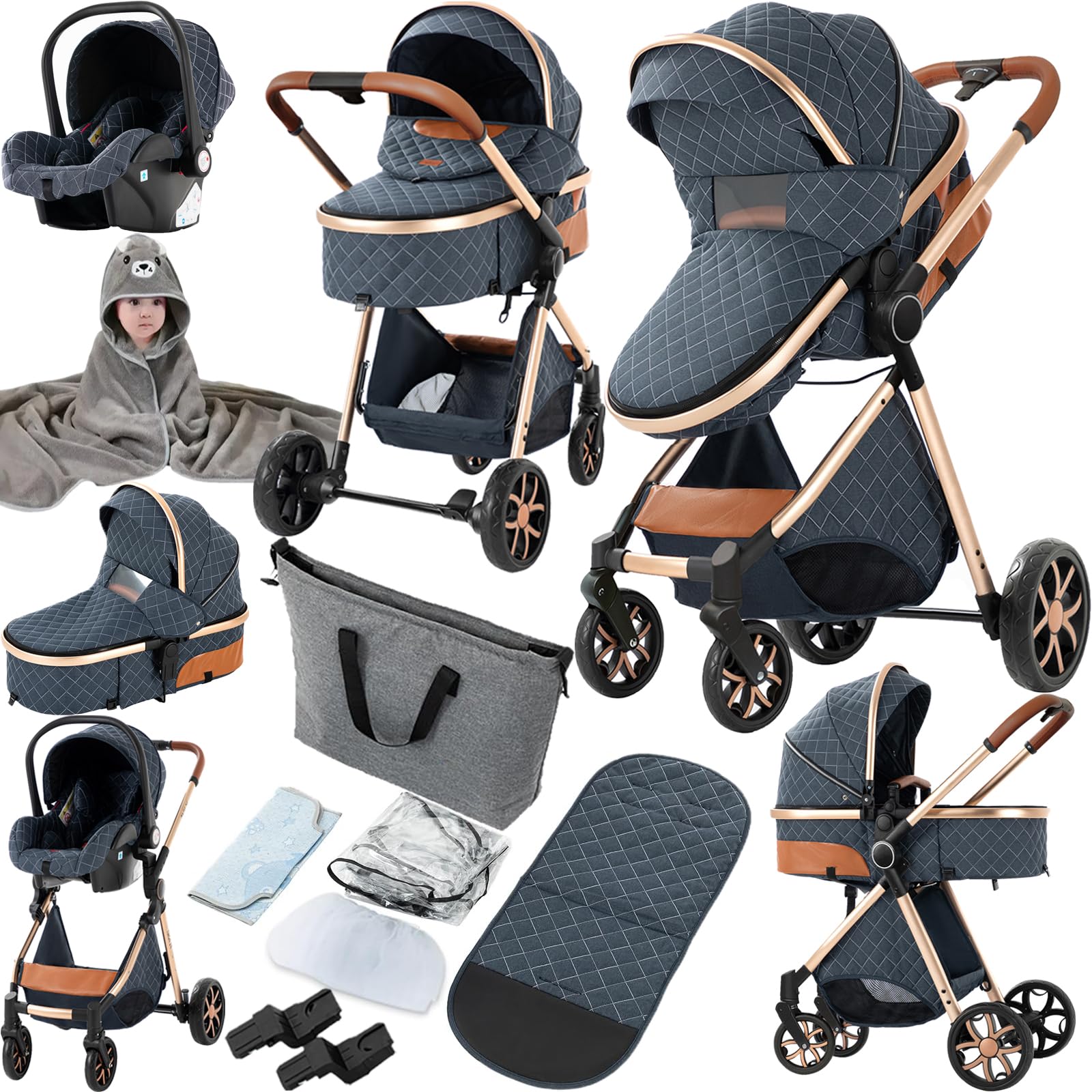 Carrito Bebe 3 en 1, Carrito Bebe con Empuje Reversible de Dos Vías, Carro 3 Piezas con Estructura de Aleación de Aluminio, Cochecito Tres Piezas Para Recién Nacidos (225 Blue)