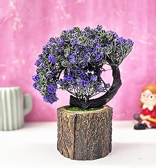 Dekorly Artificial Bonsai Tree Fake Plant Potted House Plants Japanese Pine Bonsai Plant Faux Bonsai for Home Indoor Decoration Office (Height : 21CM, Wooden Pot, Purple)