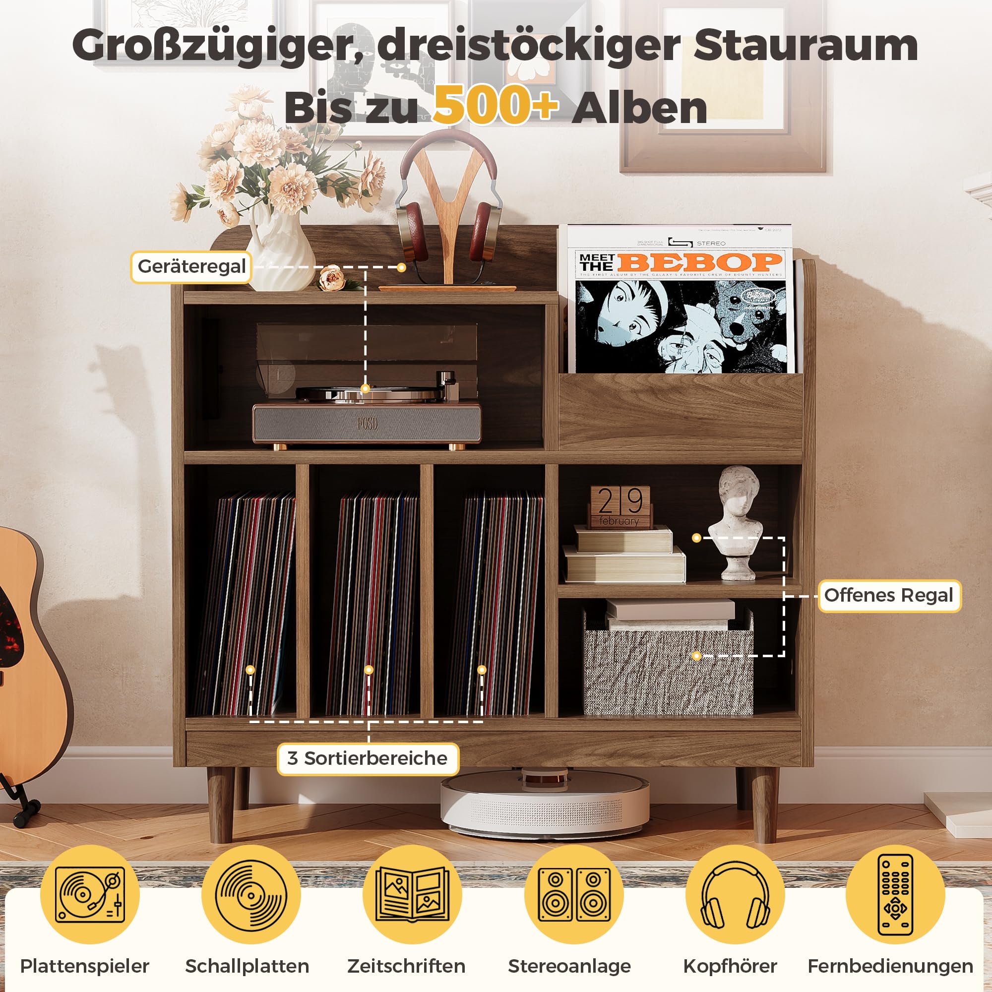 IRONCK Grand Support de Tourne-Disque avec Station de Charge - Rangement en Vinyle pour 300 Albums - Armoire à disques à 3 Niveaux avec séparateurs - Étagère Moderne pour Salle de Musique - Marron