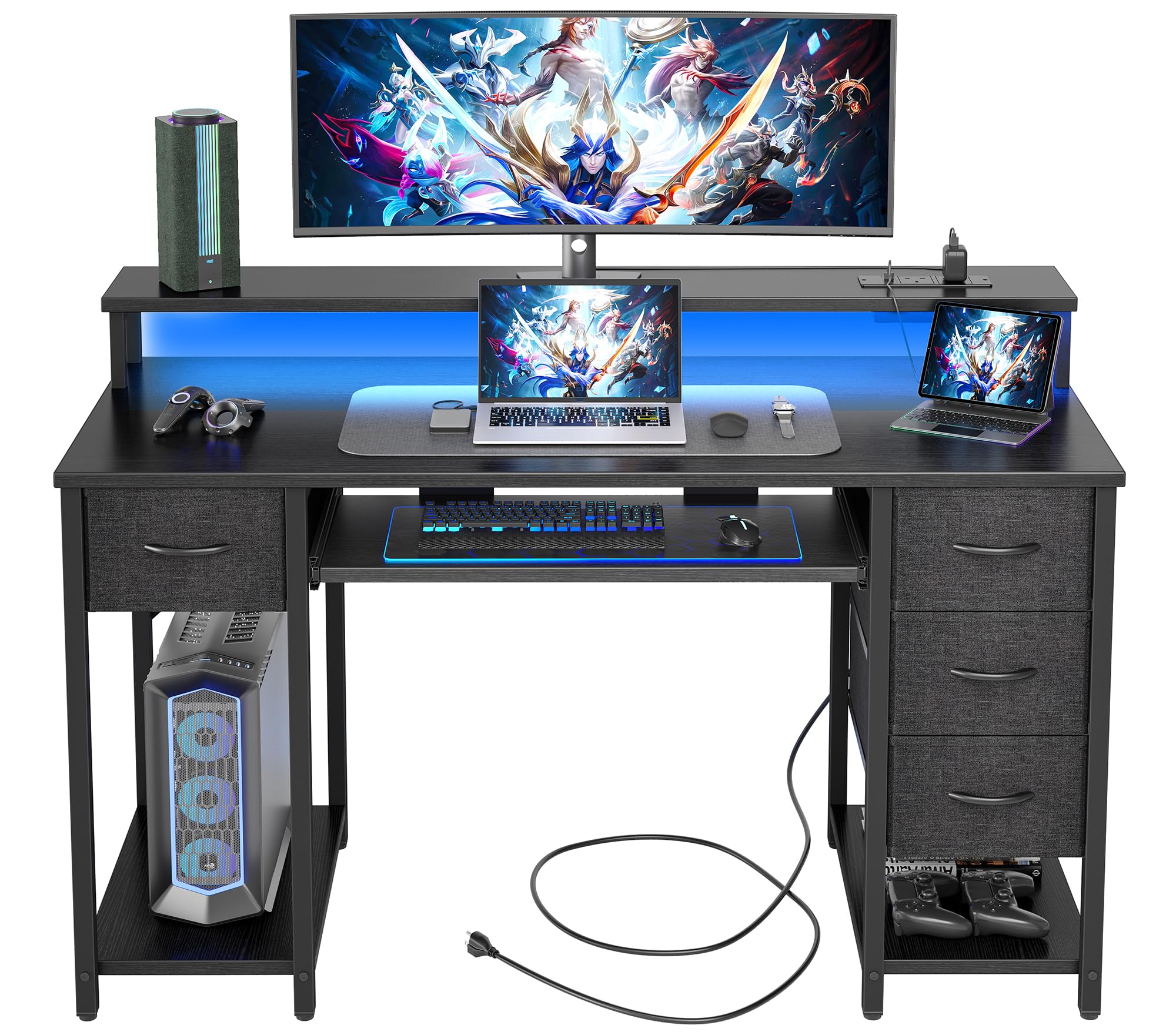 BEXEVUE 120x50 Office Desk with LED & Power Outlets, Computer Desk with Keyboard Tray, Modern Gaming Desk with 4 Removable Drawers, Large Storage Shelf Workstation for Study, Home Office, Black