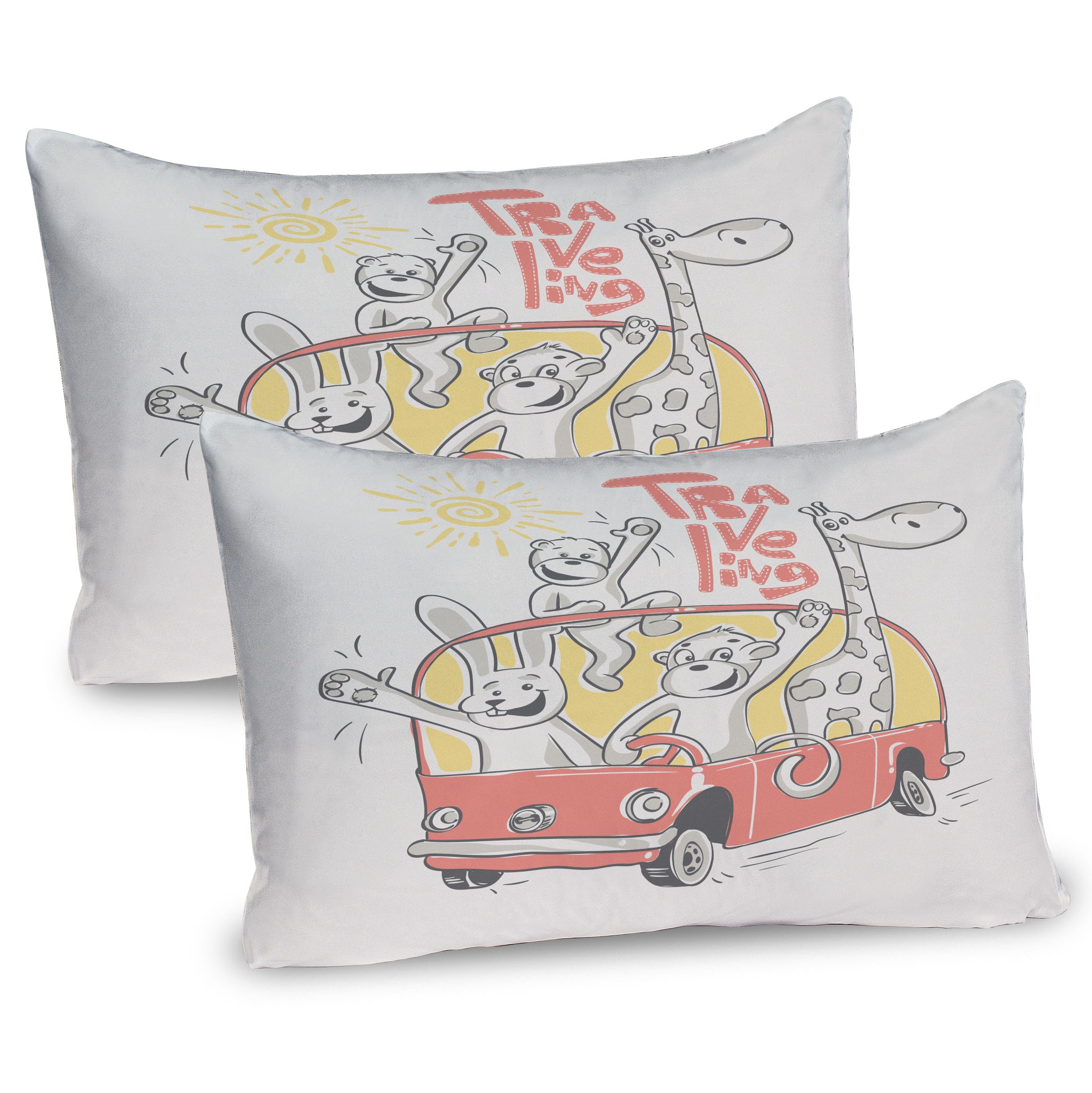 Ambesonne Adventure Cartoon Pillow Sham Set of 2, Road Trip Concept Rabbit Monkey Giraffe and Bear Travelling, Quality Microfiber Bedding Item for All Seasons, 26