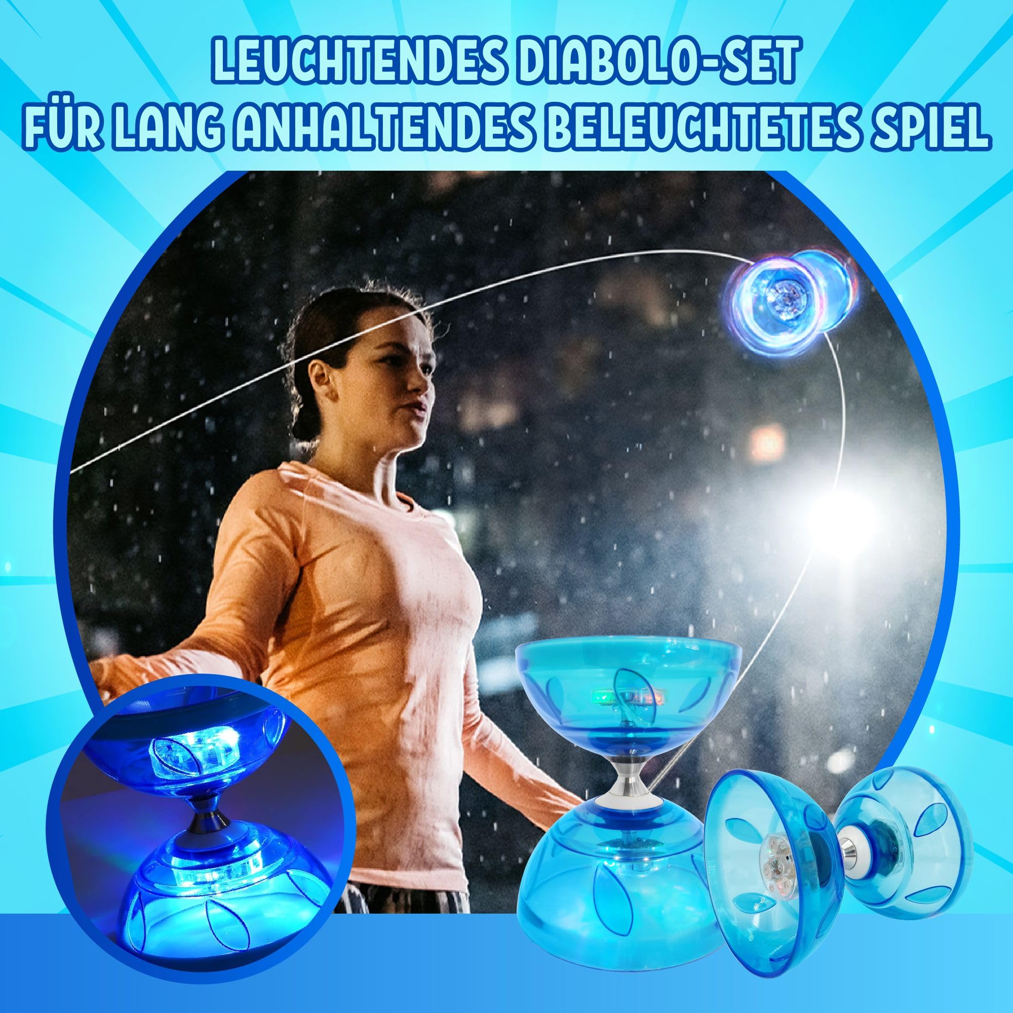 LED Diabolo mit Kugellager - 4,5mm Jonglier Set Leuchtend im Dunkeln | Licht Diabolo für Kinder & Erwachsene, Anfänger & Profis | Freilauf Zirkus Spielzeug für Indoor & Outdoor
