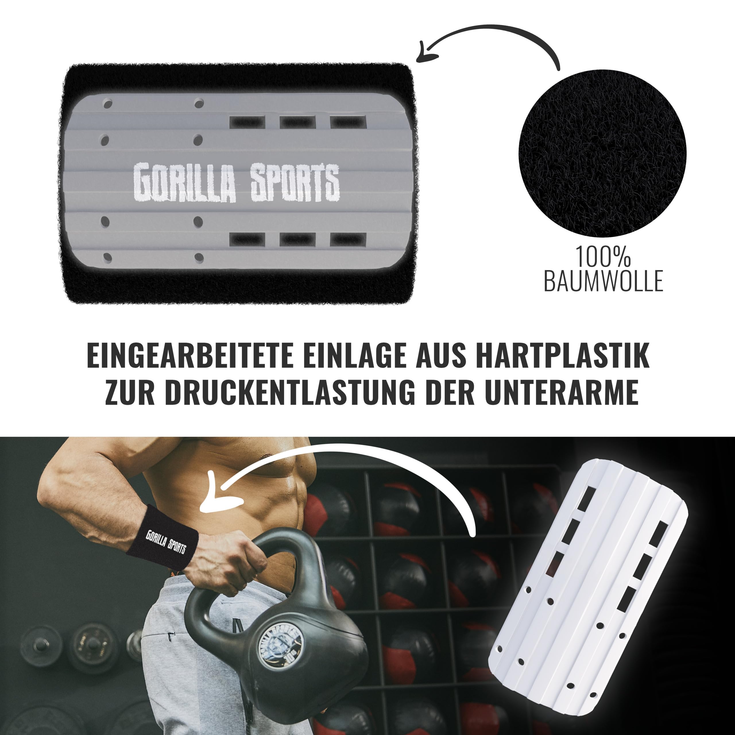 GORILLA SPORTS® Supporto Polso - per Allenamento con Kettlebell, Coppia, in Cotone con Plastica Rigida, Nero - Polsini di Protezione, Fasce Polsi, Polsiere Palestra, Polsino, Sollevamento Pesi