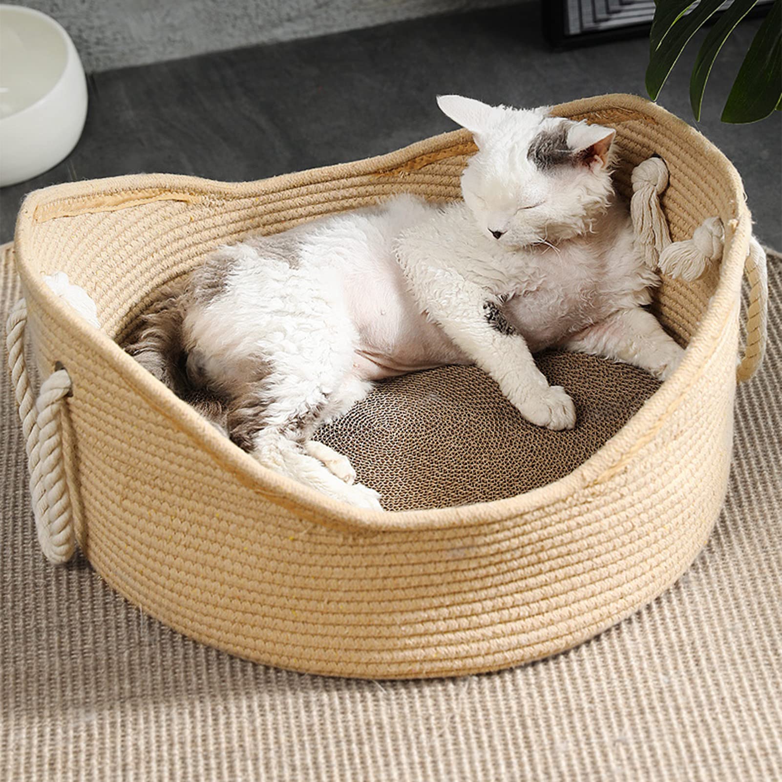Wnvivi Nido de Cama para Gatos, Cesta de Cama para Gatos de Mimbre Hecha a Mano, Casa de Cama para Gatos con Tablero Rascador Corrugado para Gatos de Interior, Perros