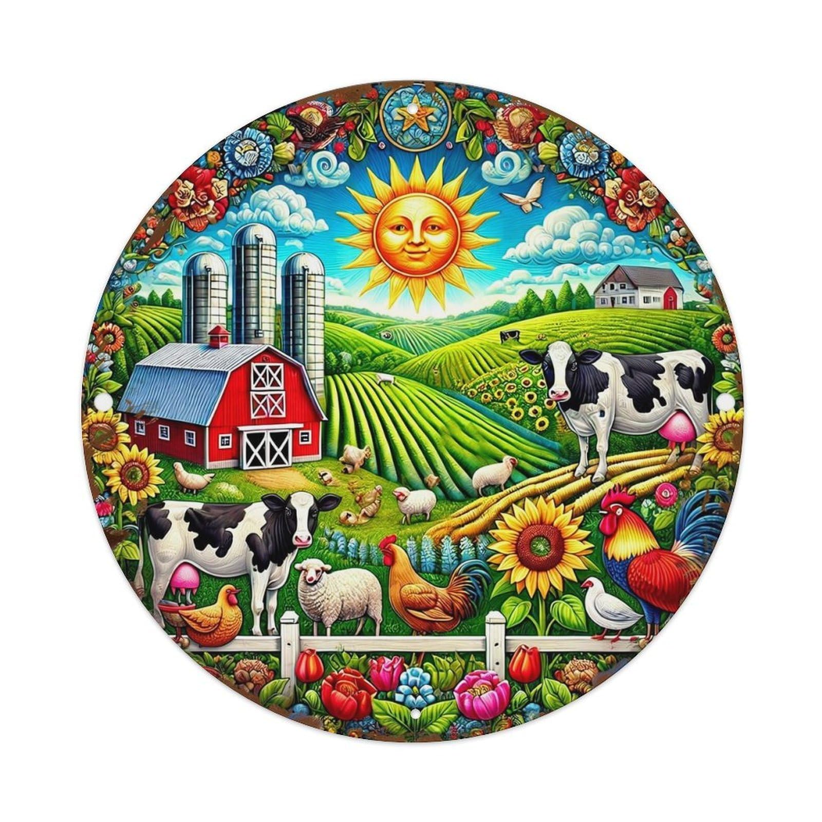 Farm Scene With Animals And Sunflowers Vintage Round Tin Sign Retro Metal Wall Decor Metal Poster, Home Bar Garage Cafe Wall Art Decoration 8x8Inches