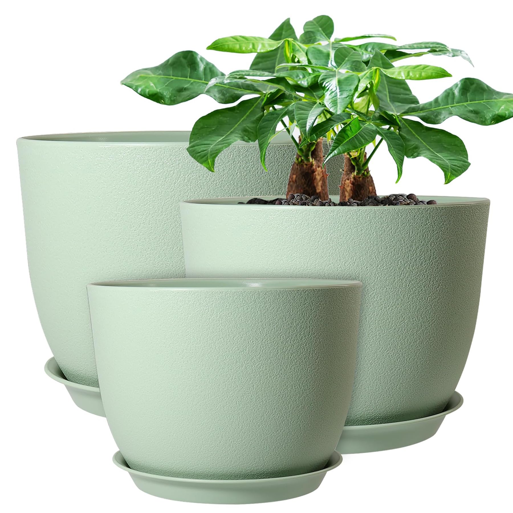 UOUZ 12/10/9 Large Modern Plant Pots, Plastic Planters with Drainage Holes and Saucers for Indoor Outdoor Plants Flowers, Green