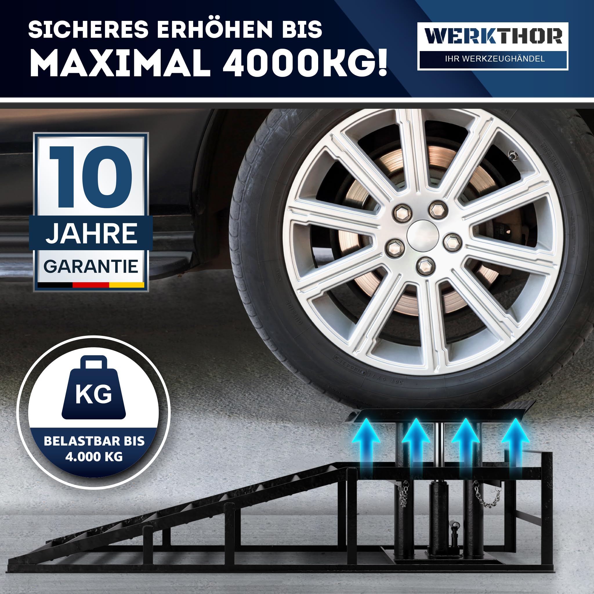 WERKTHOR hydraulische Auffahrrampe PKW - [2er Set] Auffahrrampen mit Sicherheits-/ Überdruckventil [<4T] - Höhenverstellbare Rampe Auto - Hebebühne Auto
