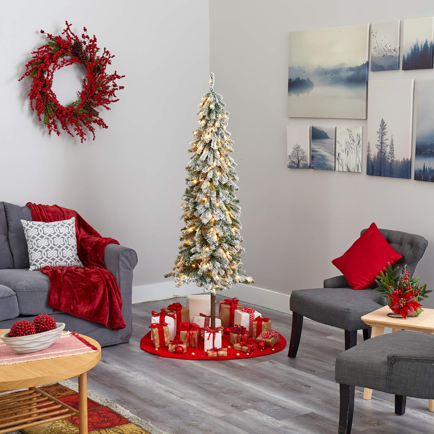 Nearly Natural 6ft. Flocked Alpine Christmas Artificial Tree with 200 Lights and 580 Bendable Branches