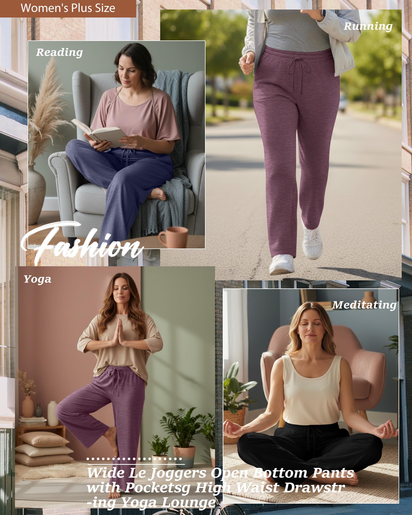 Neer Confezione da 3 pantaloni sportivi da donna, taglie forti, a gamba larga, a vita alta, con coulisse, per yoga, lounge, pantaloni aperti con tasche