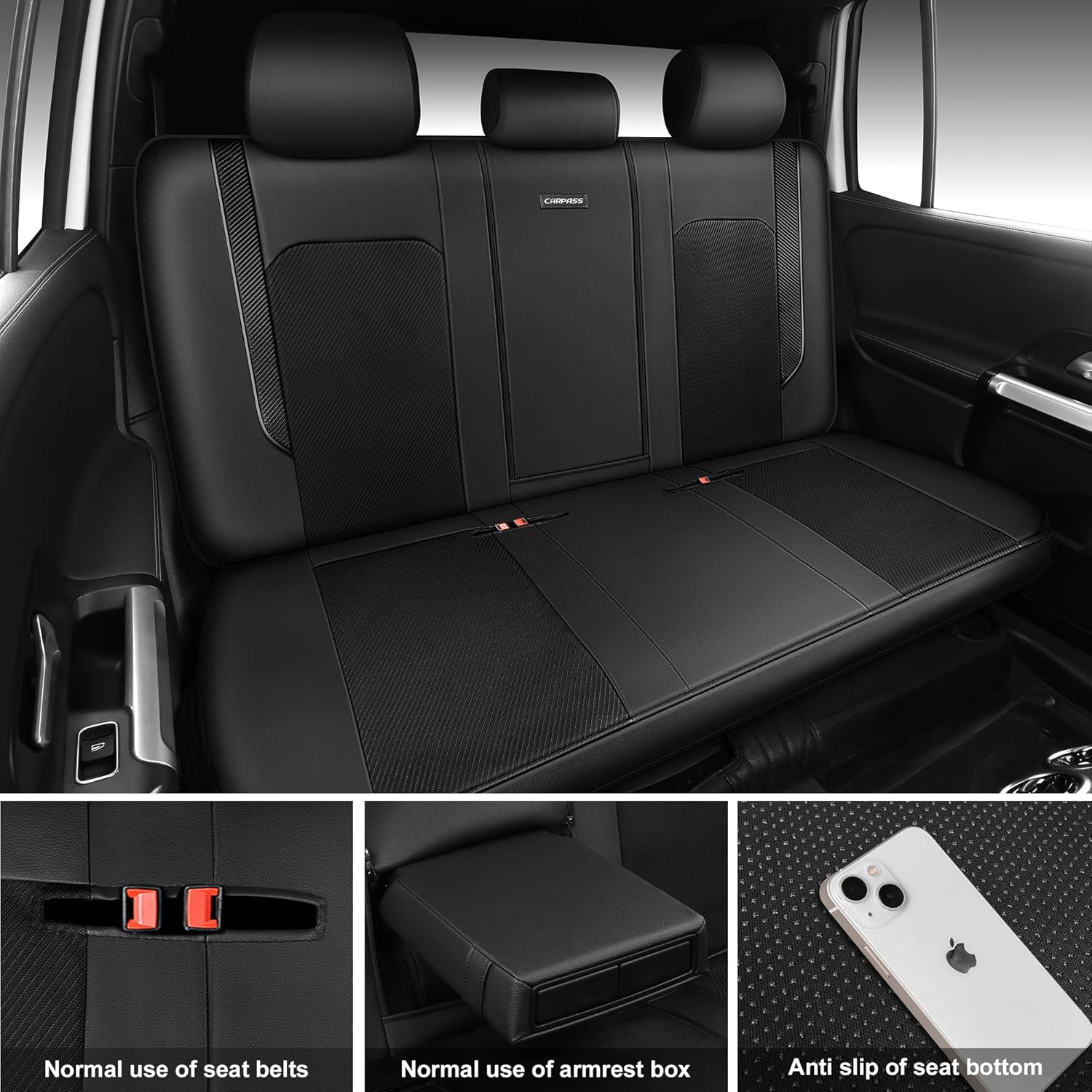 CAR PASS Faux Leather High Back Seat Covers Full Set, Sporty Waterproof Automotive Seat Covers, Anti Slip Airbag Compatible Universal Fit for Most Sedans Trucks Vans Suvs, All Black