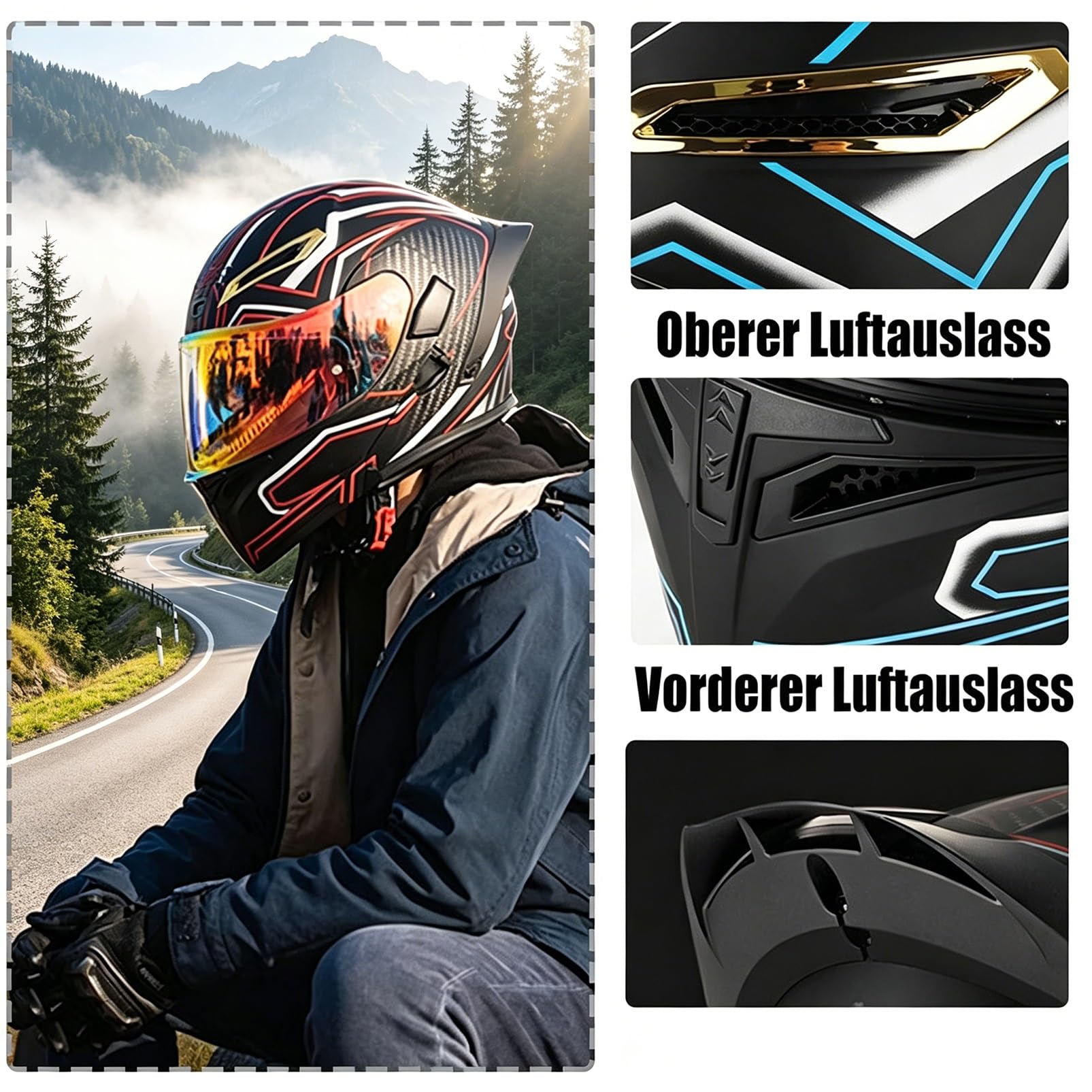 Kask Motocyklowy Szczękowy Premium, Kask Modułowy Aerodynamiczny z Podwójną Szybką, ECE 22.06, Style Racing do Turystyki