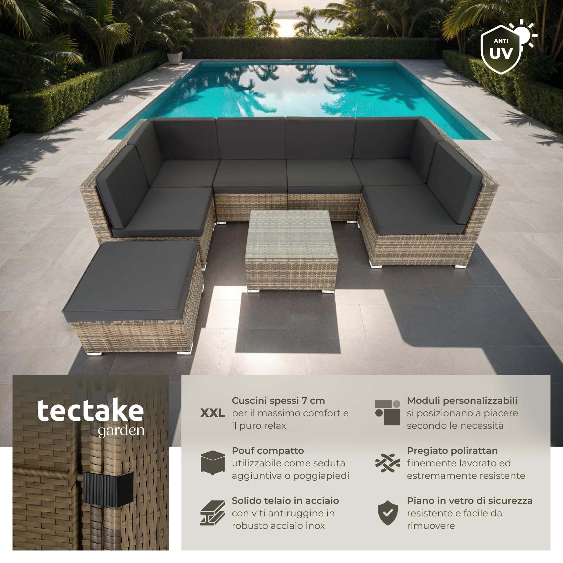 Tectake Set di Salottino in Rattan Venezia 6 Sedili 1 Sgabello 1 Tavolino Resistente alle Intemperie Viti in Acciaio Inox Giardino Esterno