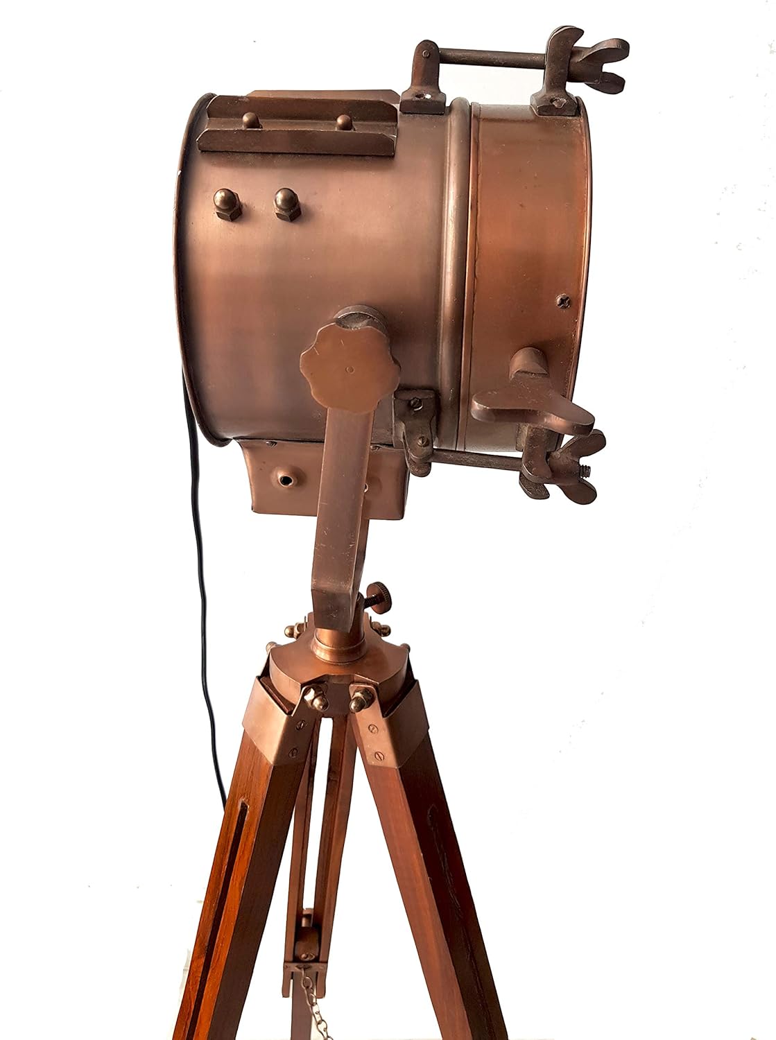 Get Special Price Antique Copper Mid Century Searchlight Focus Tripod Floor Lamp Standing Wooden Stand Spotlight Studio Vintage Home Decor