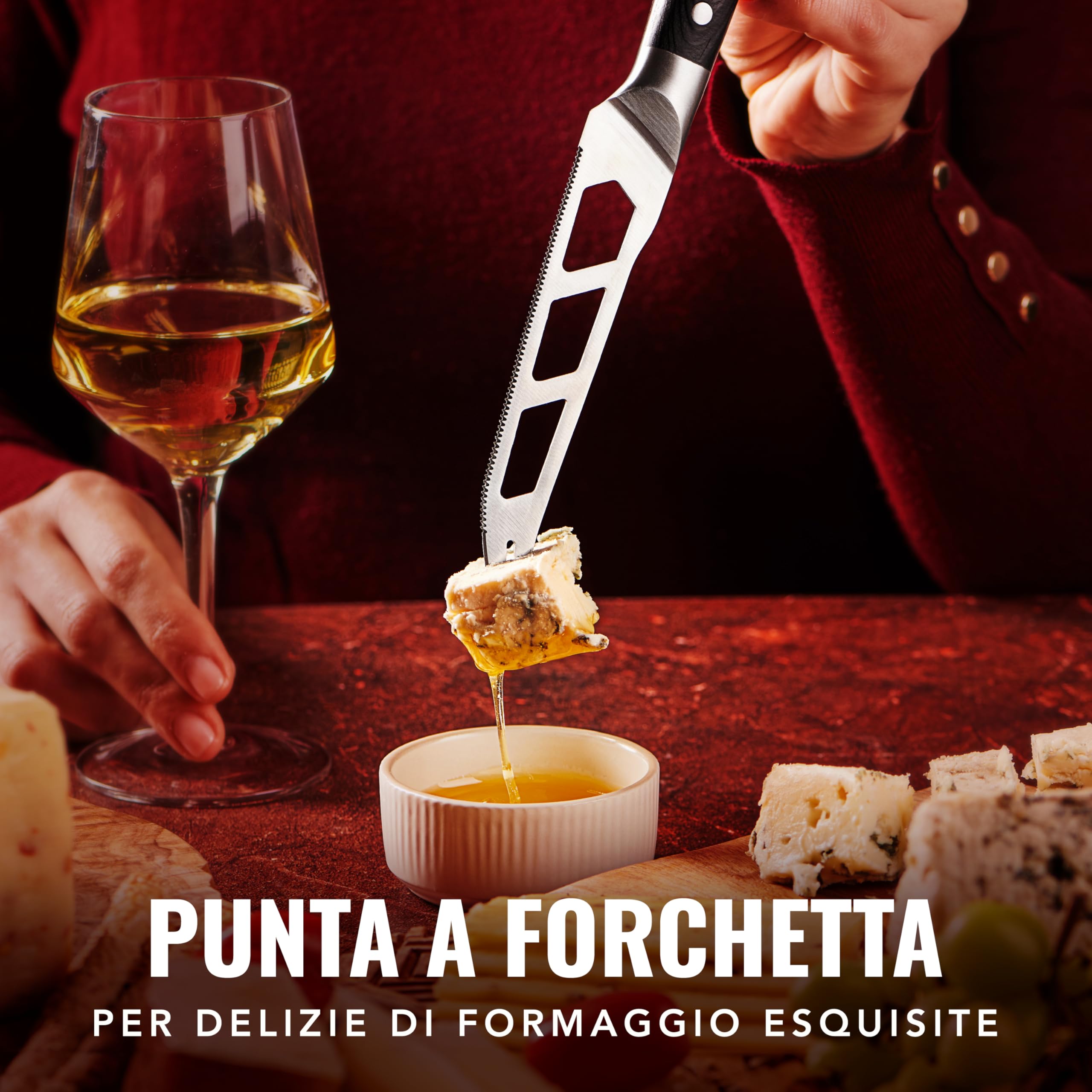 Cutluxe Coltello Formaggio 13 cm – Lama Forcata, Seghettata e Antiaderente – Acciaio Tedesco ad Alto Tenore di Carbonio – Maniglia Ergonomica – Serie Artigianale