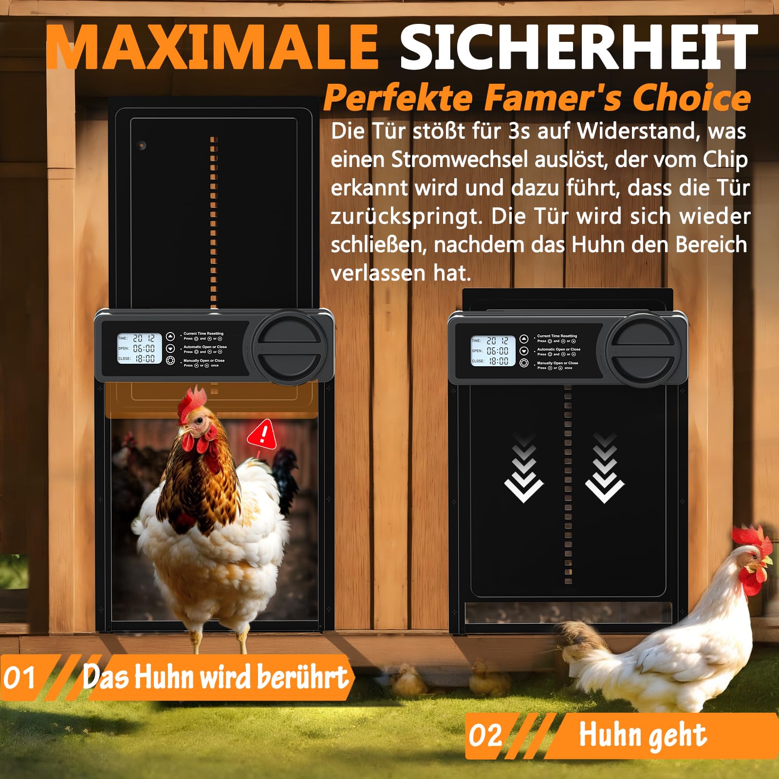 Hühnerklappe Automatisch – Groß mit Zeit-/Handmodus Einklemmschutz, automatische Hühnerklappe aus Aluminiumlegierung, elektrische Hühnertür | Kältetauglich | LCD-Bildschirm | Batteriewarnung