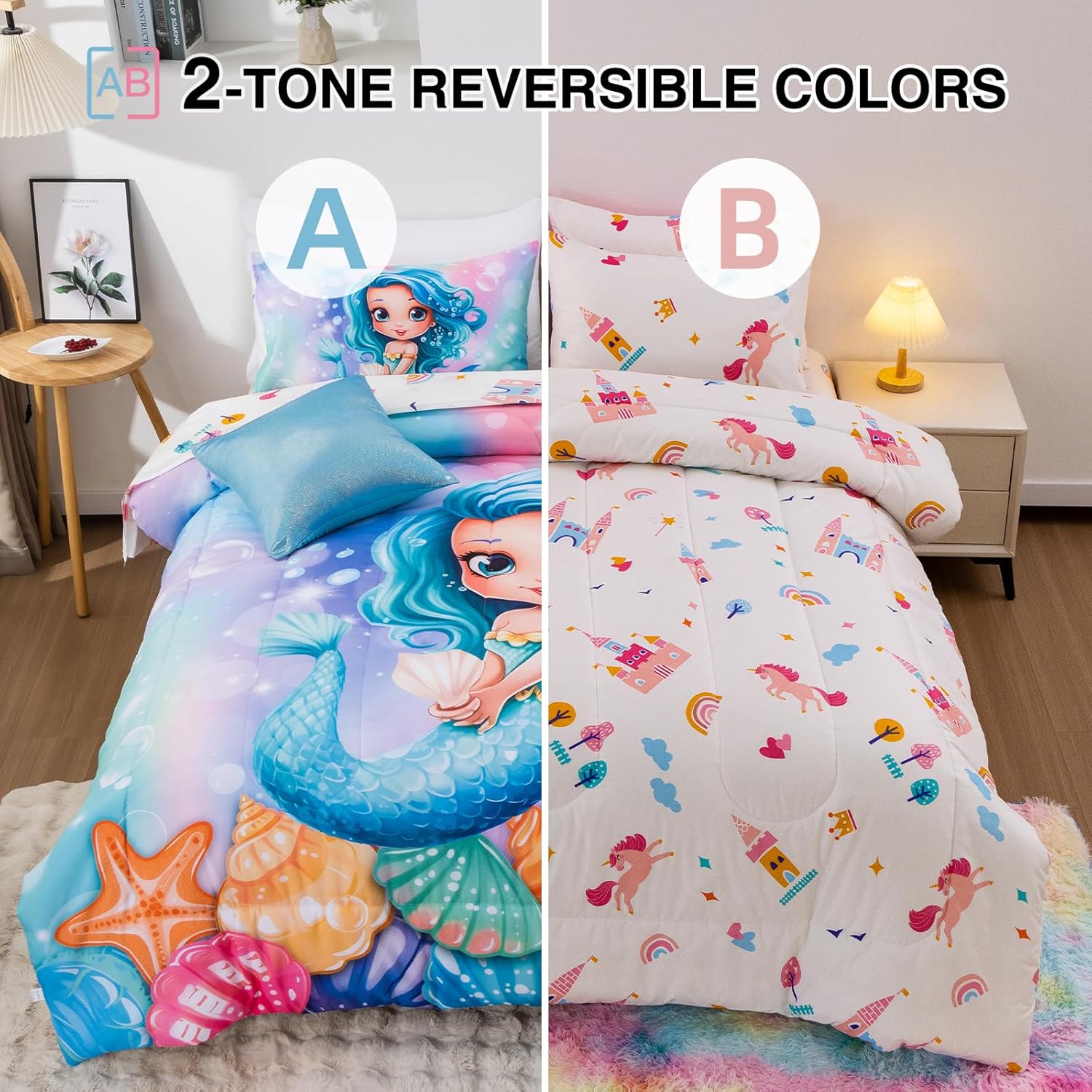 A Nice Night Mermaid Comforter Set Full 6-Piece Bed in a Bag for Girls, Soft Polyester Bedding with Sheet Set & Pillowcases, Princess Character Theme Kids Full Bedding