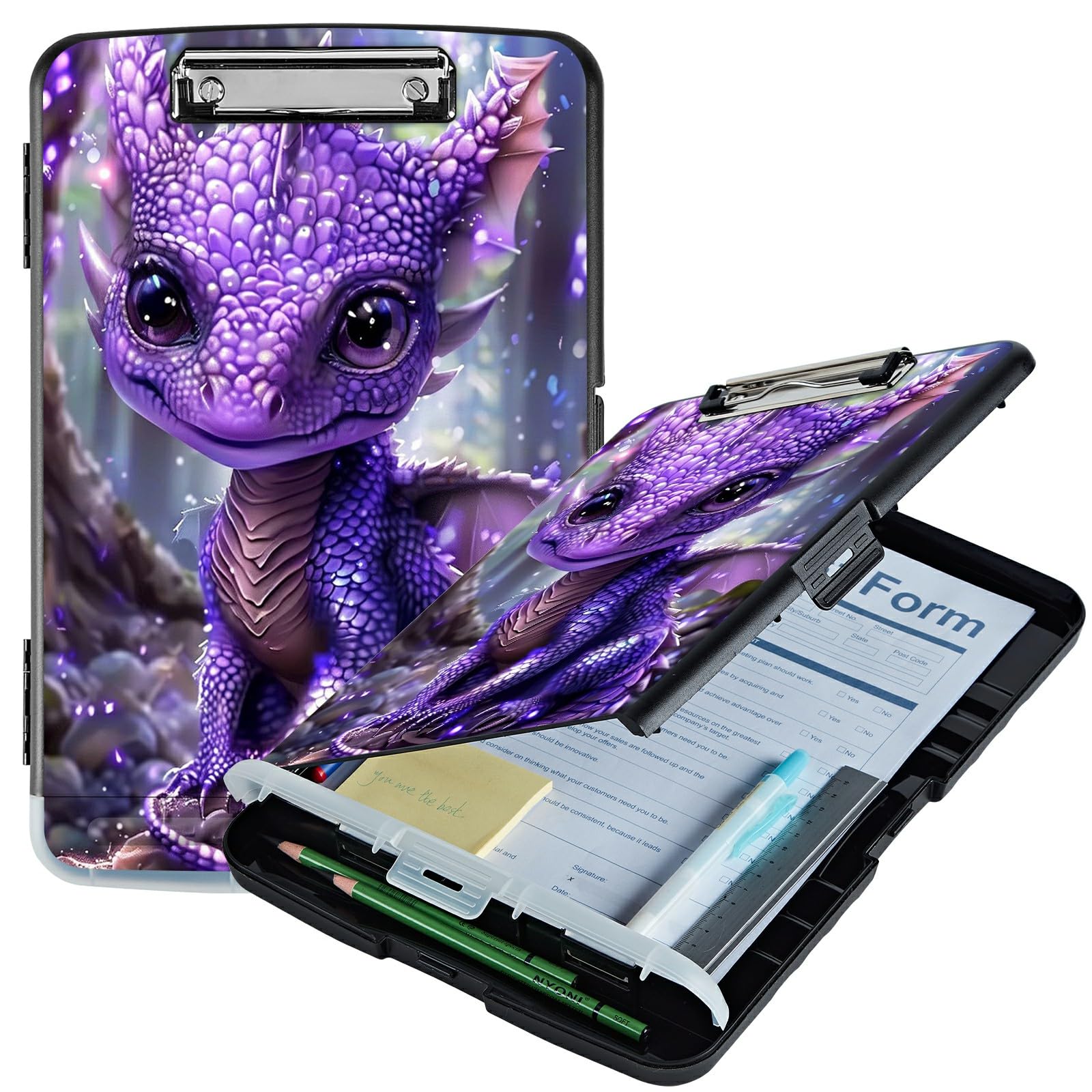 RWUTYTIUL Purple Dragon A4 Clipboard with Storage Pen Holder, Clipboards Organizer Nursing Clipboard Foldable File Folder Plastic Clipboard Folio Clip Board for Office Students Classroom Doctor โ image 1