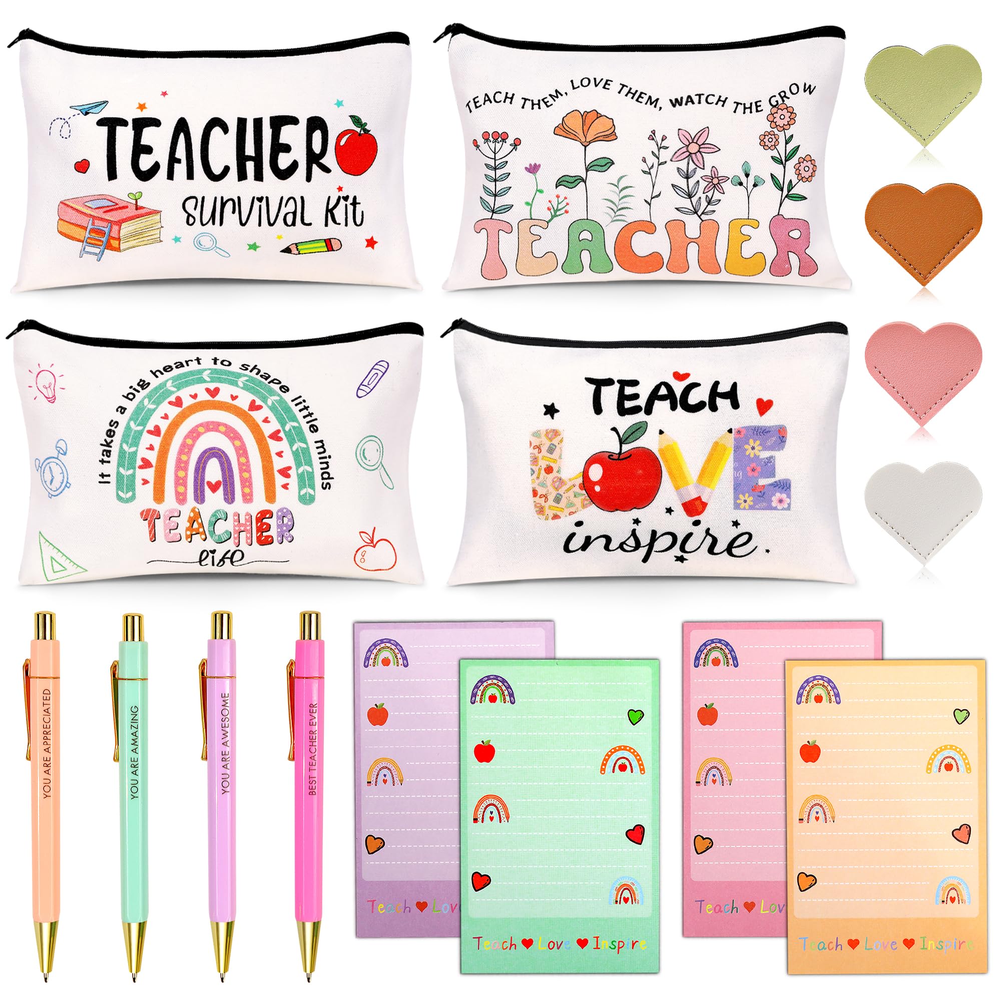 Teacher Appreciation Gifts Bulk, 16Pcs Gifts for Women with Teacher Survival Kit Makeup Bags, Bookmarks, Notepad and Pens, Christmas Gifts for Appreciation