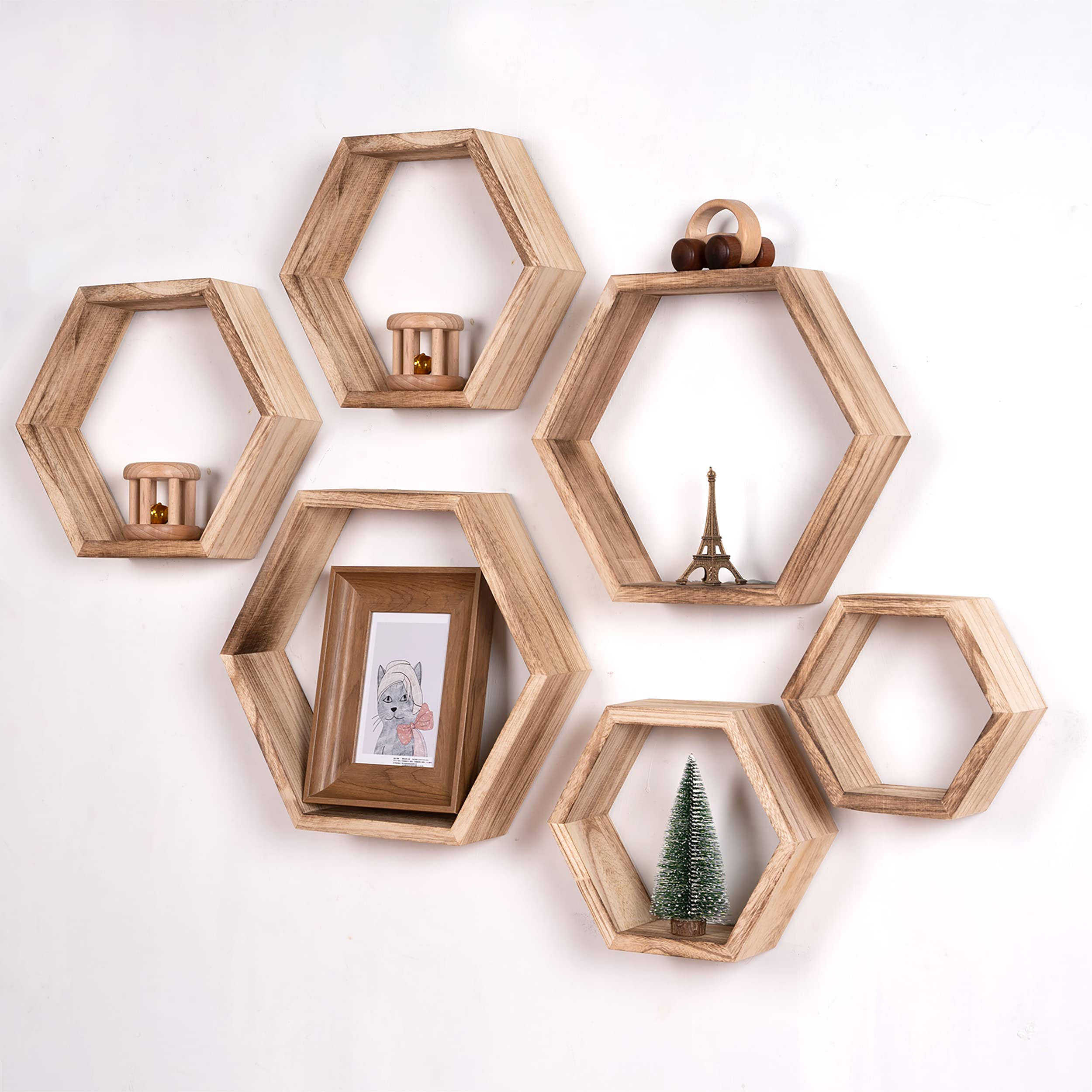 WONFUlity Estantes flotantes hexagonales de panal de abeja montados en la pared, estante de pared de almacenamiento de madera para baño, cocina, dormitorio, sala de estar, decoración con acabado de