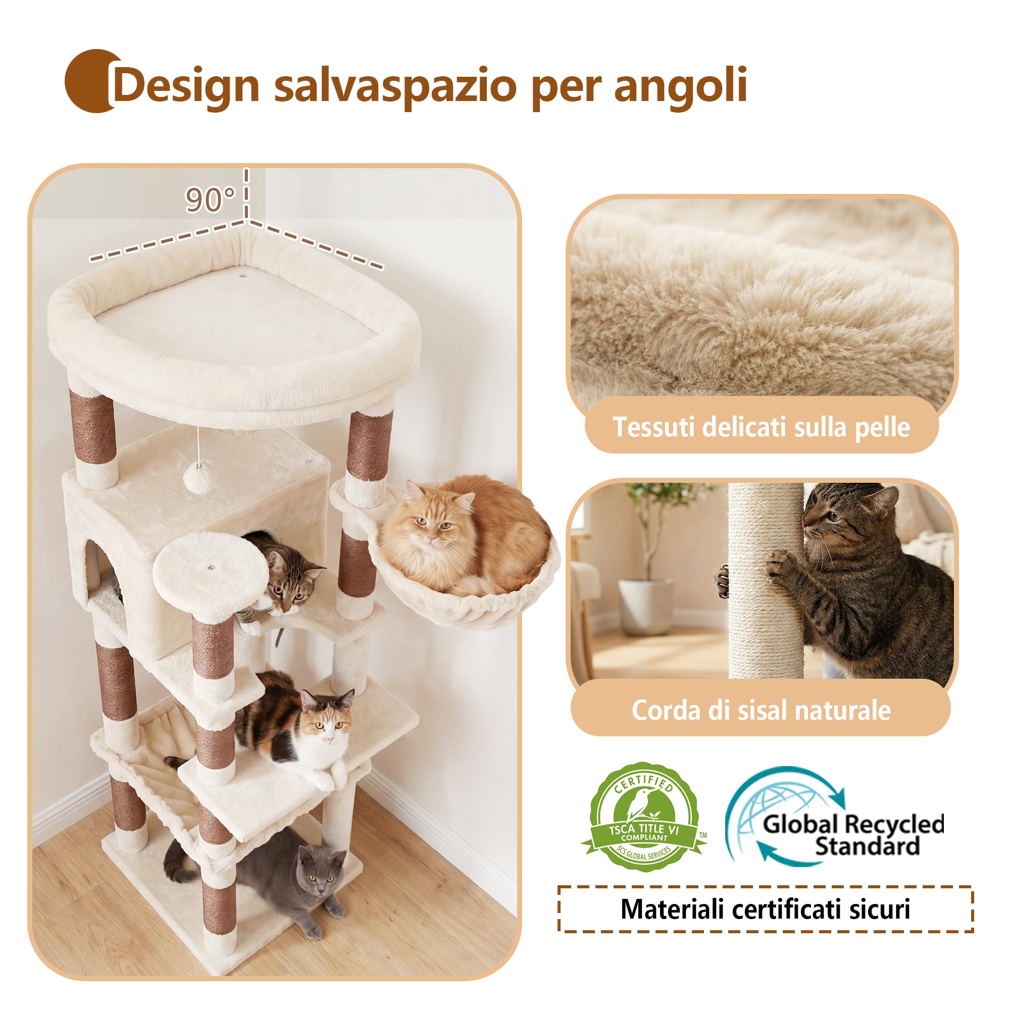 Heybly Albero Tiragraffi 135 cm, Torre Angolo Stabile Gatti Grandi HCT029MJ | Piattaforma A Ventaglio, Amaca Quadrata XL, Cesta Rotonda, Cuccia Peluche, Base 45 cm, Angolo Casa, Beige