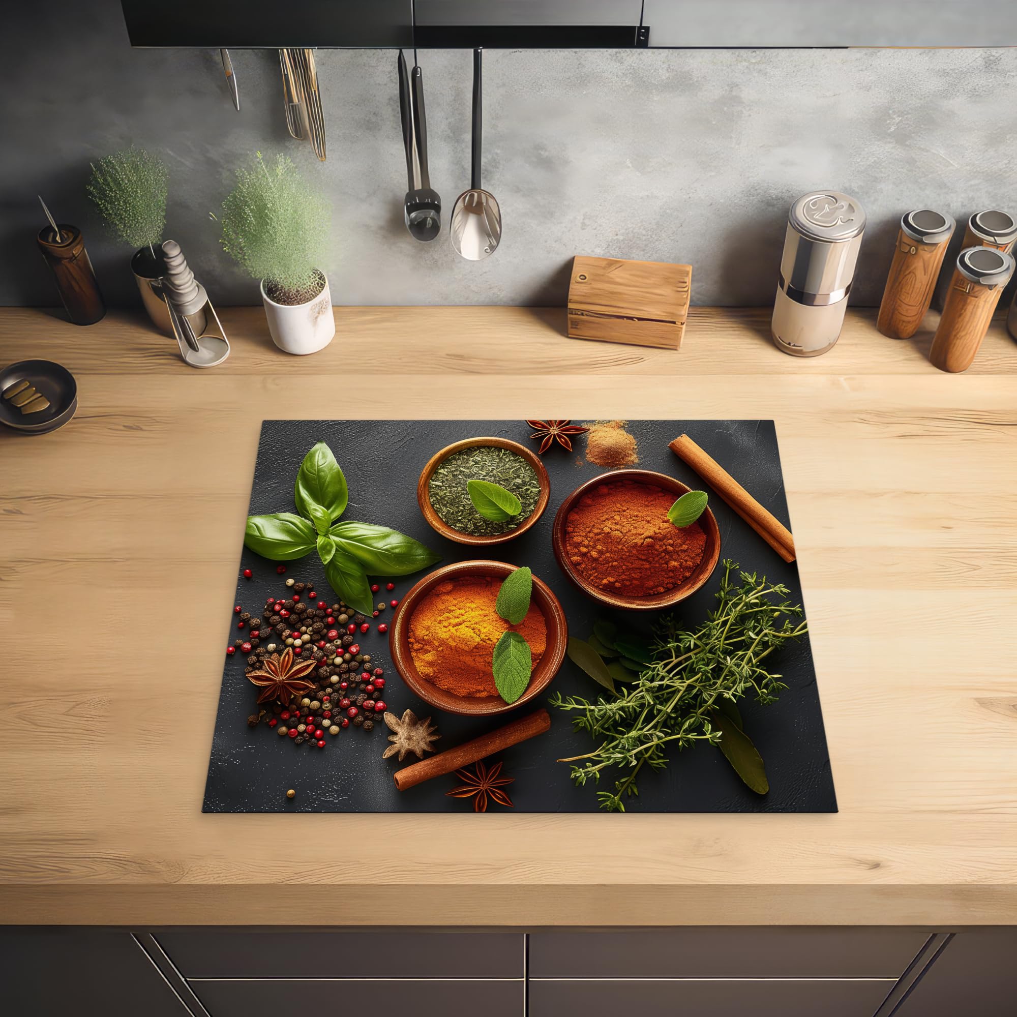 KitchenYeah© Induction Hob Protection 60 x 52 cm Decorative Kitchen Cover Herbs Accessory – Concrete – Cinnamon – Spices - 2