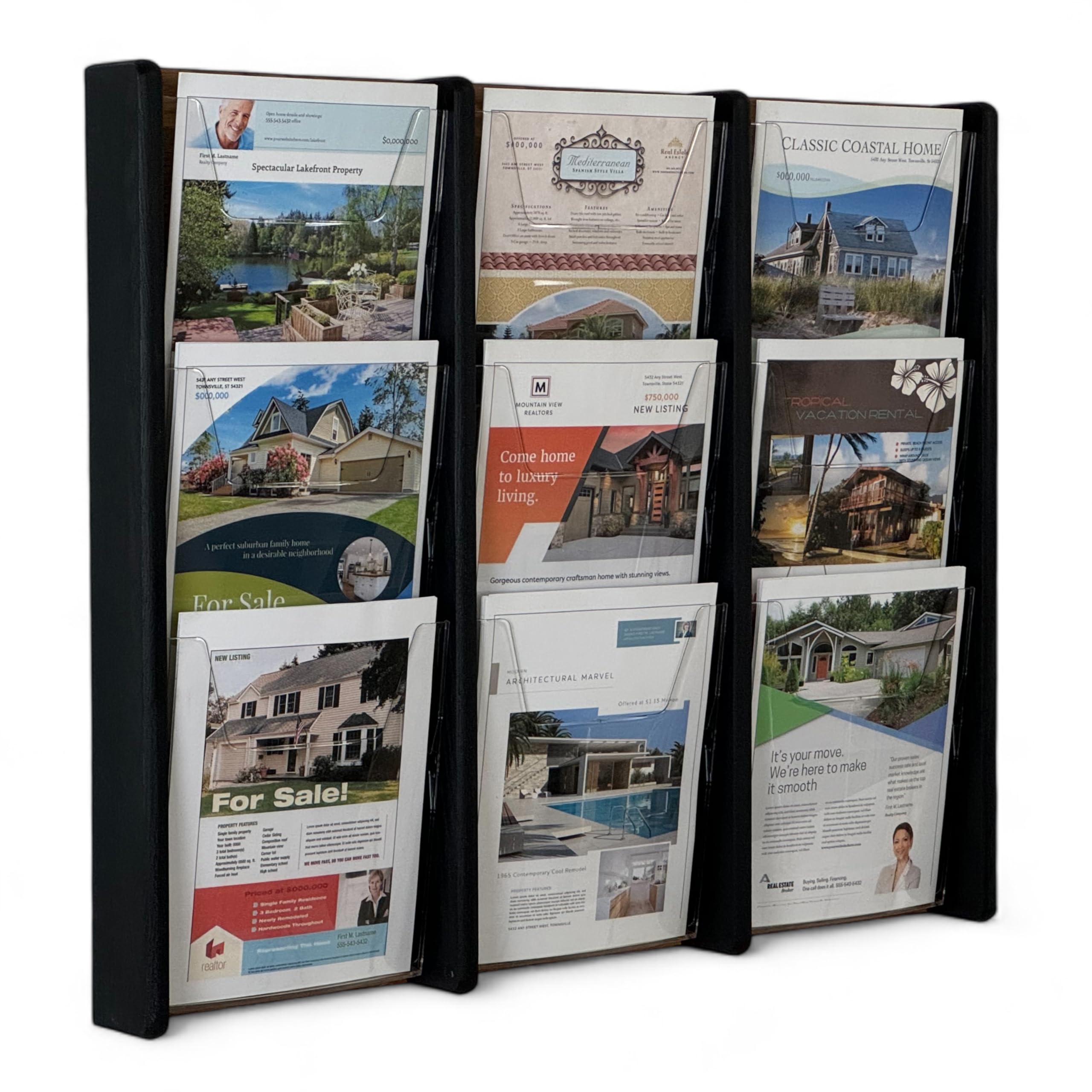 Wooden Mallet Stance 9 Pocket Wall Display Magazine Rack, Black/Medium Oak