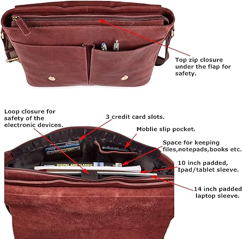 Miniatura 4 de Bolso de cuero real para computadora portátil, para hombres y mujeres, estilo vintage, estilo mensajero, bolso de hombro