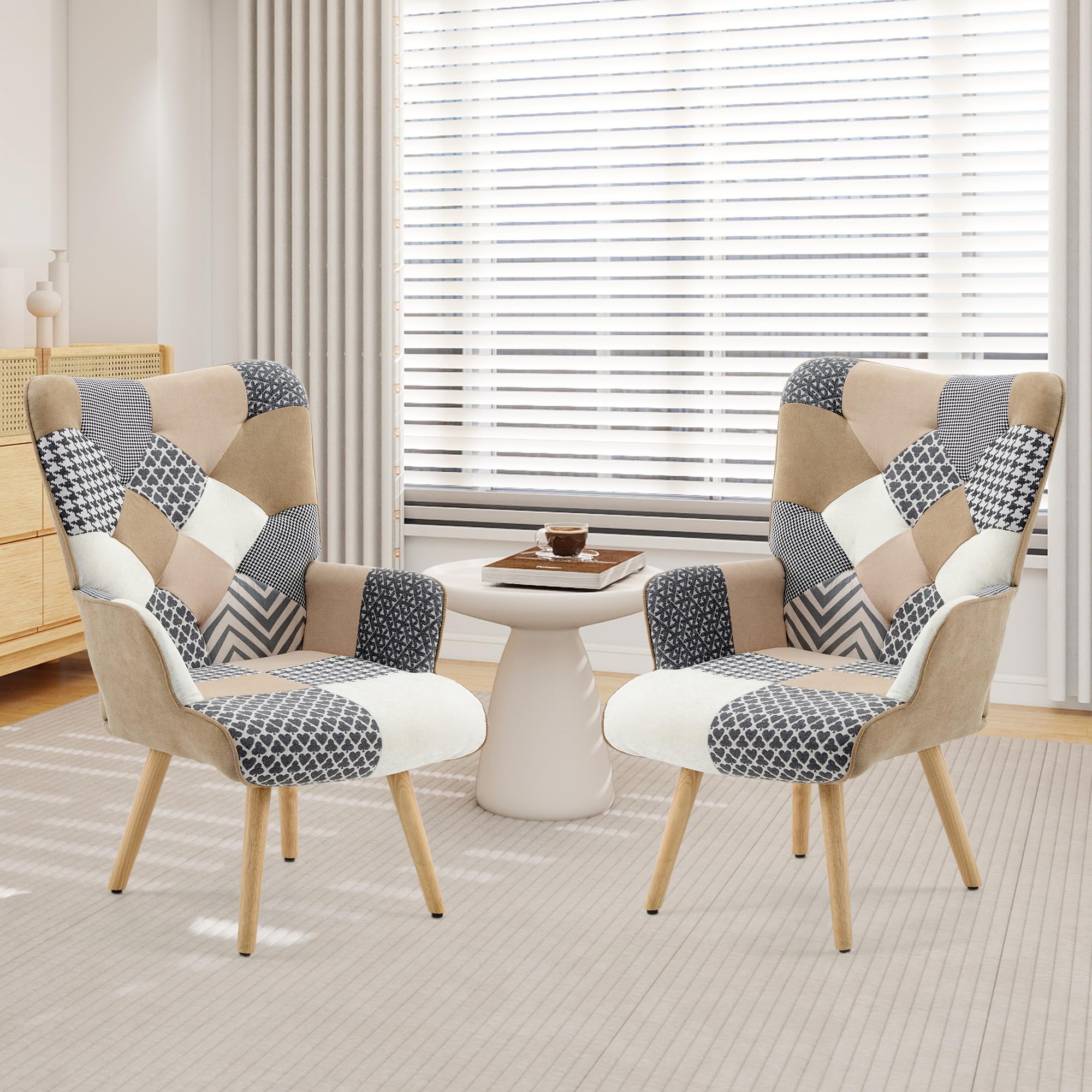 Pack de 2 Sillones de Acento Patchwork, Sillones Tapizados de Tela de Lino con Respaldo Alto y Patas de Madera para Salón, Dormitorio y Sala de Espera, Gris